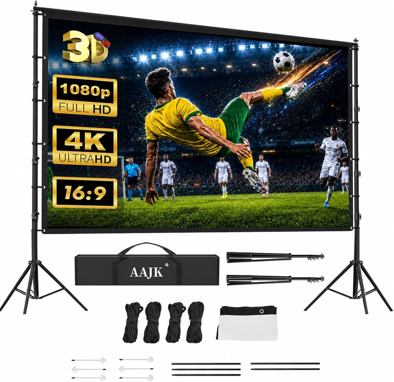 AAJK 150in Outdoor Projector Screen with Stand, Portable 16:9 4K HD Indoor Outdoor Projection Screen with Wrinkle-Free Design, Ideal for Home Theater and Backyard Cinema – Includes Carry Bag