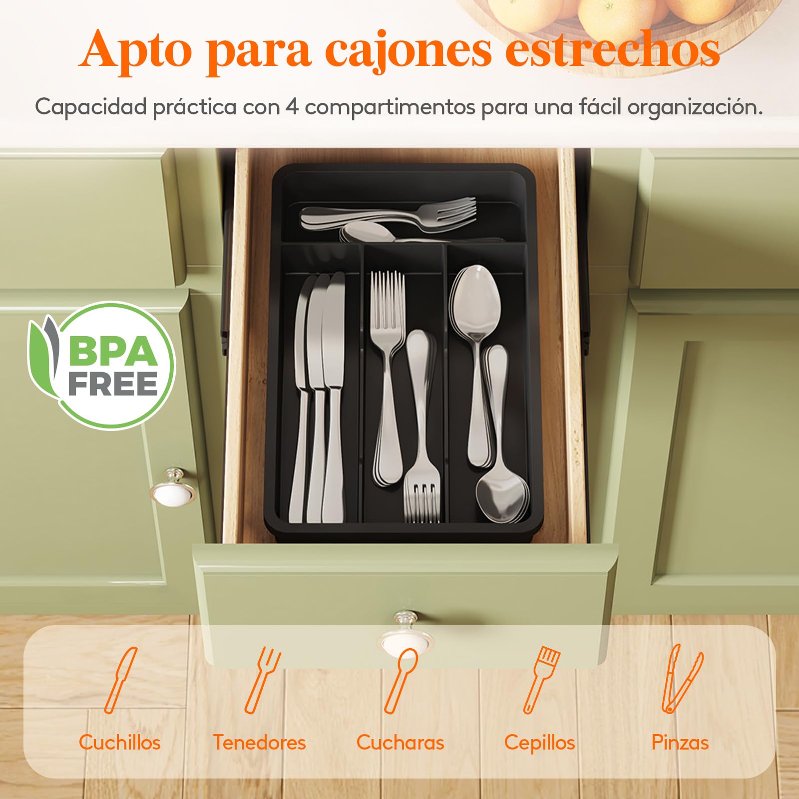 Lifewit Pequeño Bandeja para Cubiertos, Porta Cubiertos con 4 Compartimentos, Cajon Organizador Cubiertos de 19,8 x 31,5 cm, Separador Cubiertos Cocina Plástico con Cuchara, Tenedor, Cuchillo, Negro