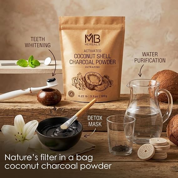 MB Herbals Activated Charcoal Powder from Coconut Shell 3.5 oz (100 Gram) For External Use Only | For ToothPowder Face Packs and Masks | Soap Making | Do not Injest