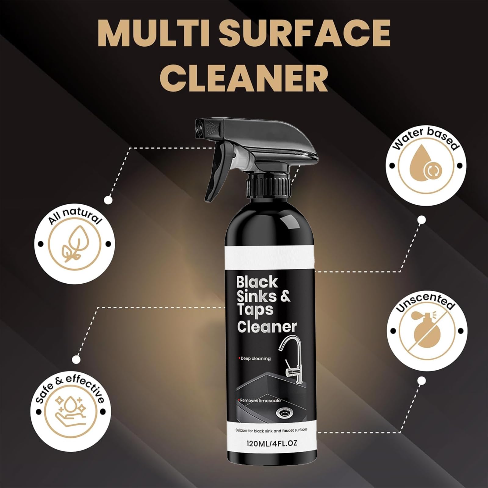 Detergente nero per lavello e rubinetto, perfetto detergente e lucidante per lavelli, rimuove i depositi di calcare per rubinetti neri e superfici in ceramica (6 bottiglie)