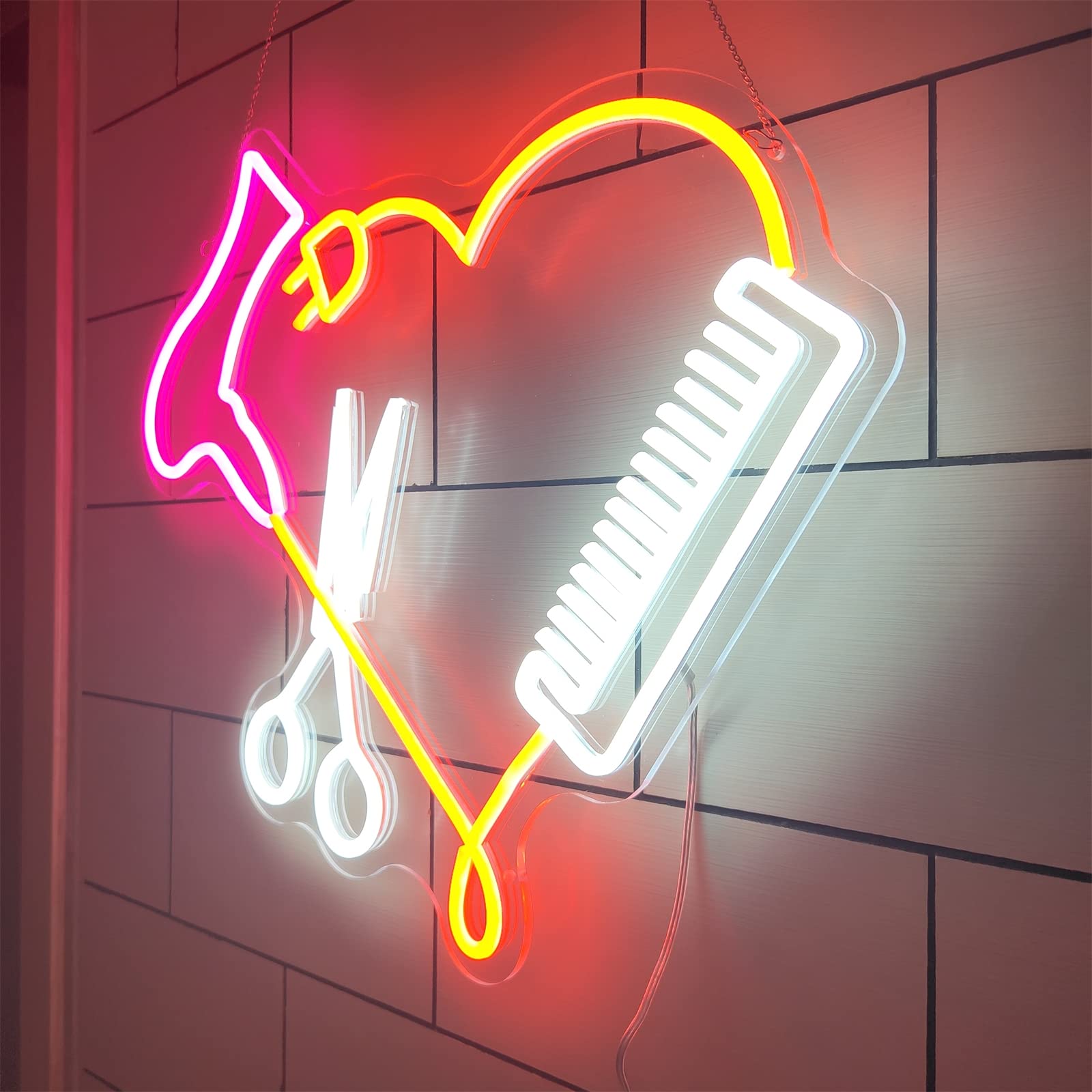 Letrero de neón para barbería, Luces de neón LED Regulables con Mando a Distancia, secador de Pelo, Peine, Tijeras, Carteles Decorativos para Pared, 51x45cm