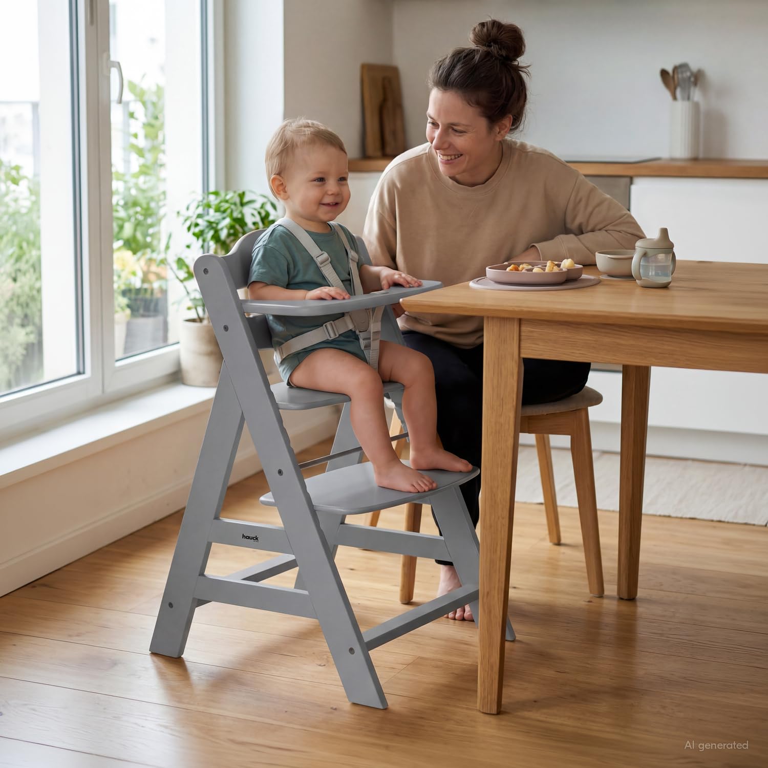 Hauck Wooden high chair Alpha +/Adjustable for children from 6 months up to 90 kg/5-point harness included/usable from birth in combination with newborn set (not included)/grey