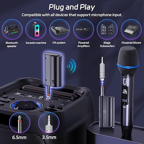 Miniatura 5 de Micrófonos inalámbricos para karaoke micrófono de karaoke profesional dual para cantar, sistema de micrófono UHF dinámico recargable con receptor