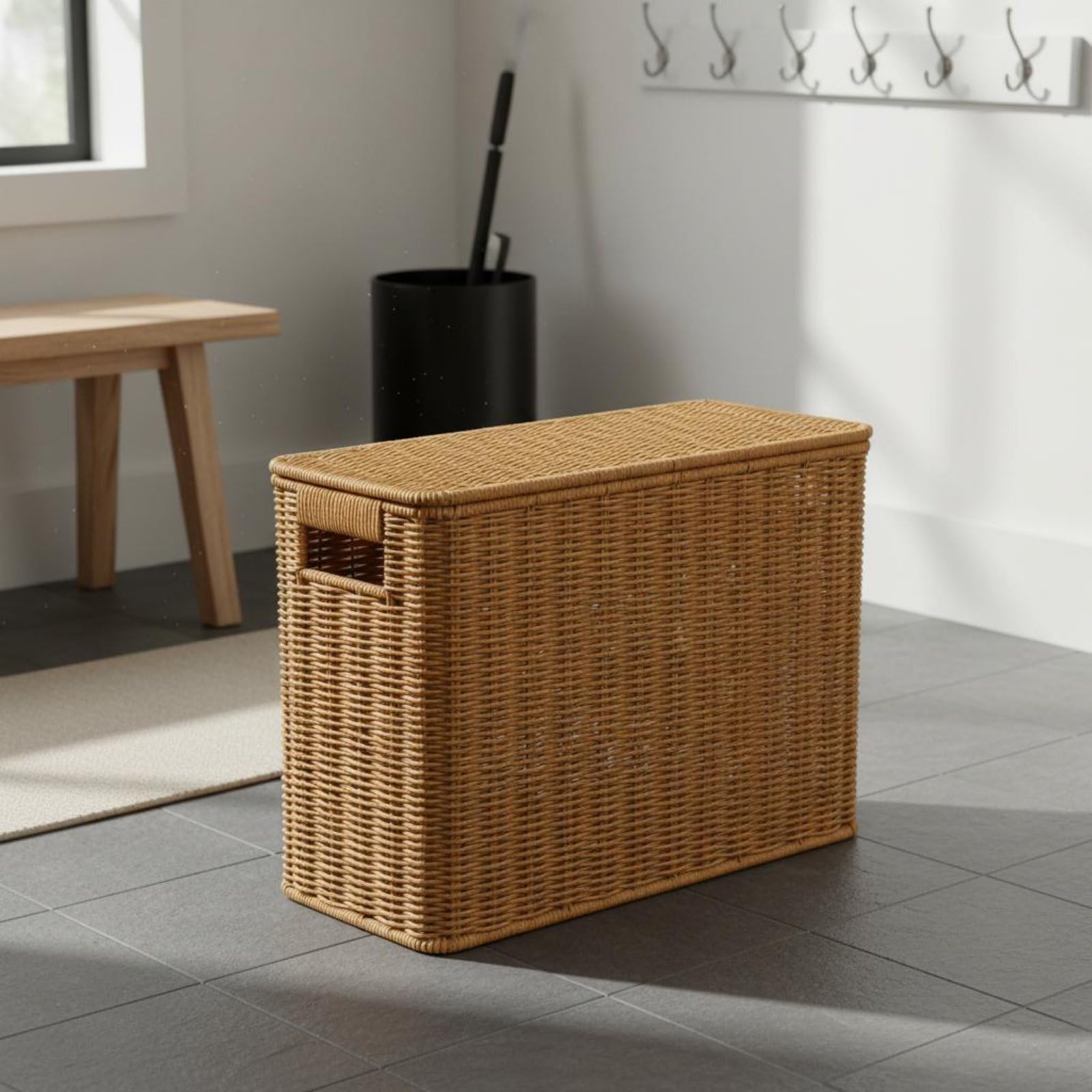 perfk Cesta Organizadora Tejida con Tapa Protectora y Estructura Resistente de Hierro Diseño Decorativo Trenzado de Ratán Asas Prácticas Adecuada para Dormitorio Baño Sala de Estar, L