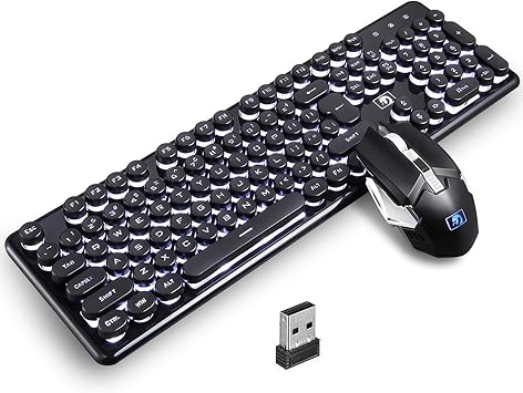 Gaming Keyboard and Mouse,Soke-Six 2.4G Wireless Retro Punk Typewriter-Style Backlit Keyboard Mice Combo,4800mAh Battery,Mechanical Feel,Anti-ghosting,Crystal Panel Round Keycaps Black+White Light