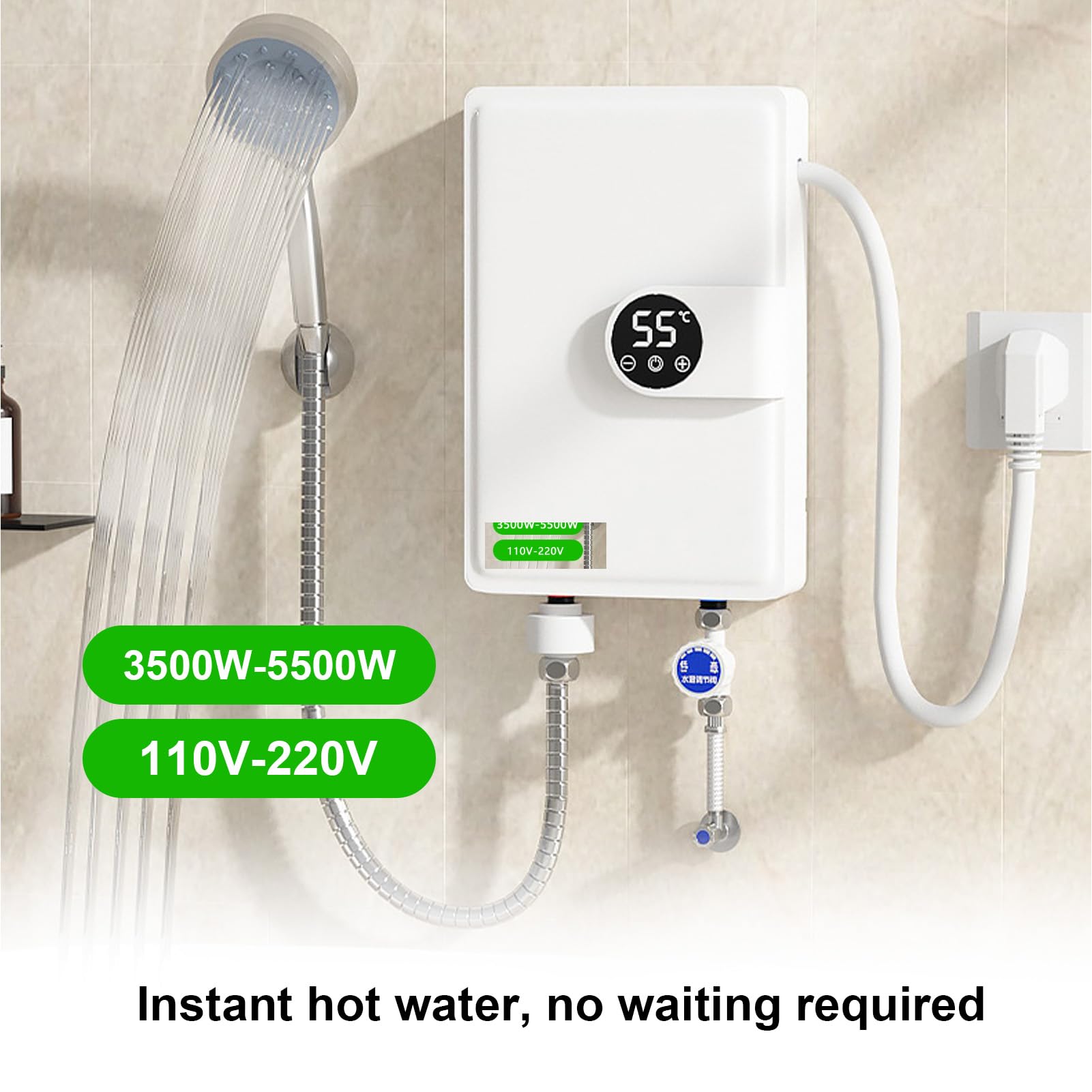 Hancaner Calentador de Agua Instantáneo Eléctrico de 5500W con Pantalla LED, Control Digital Temperatura para Baño y Cocina (Enchufe europeo 230V)