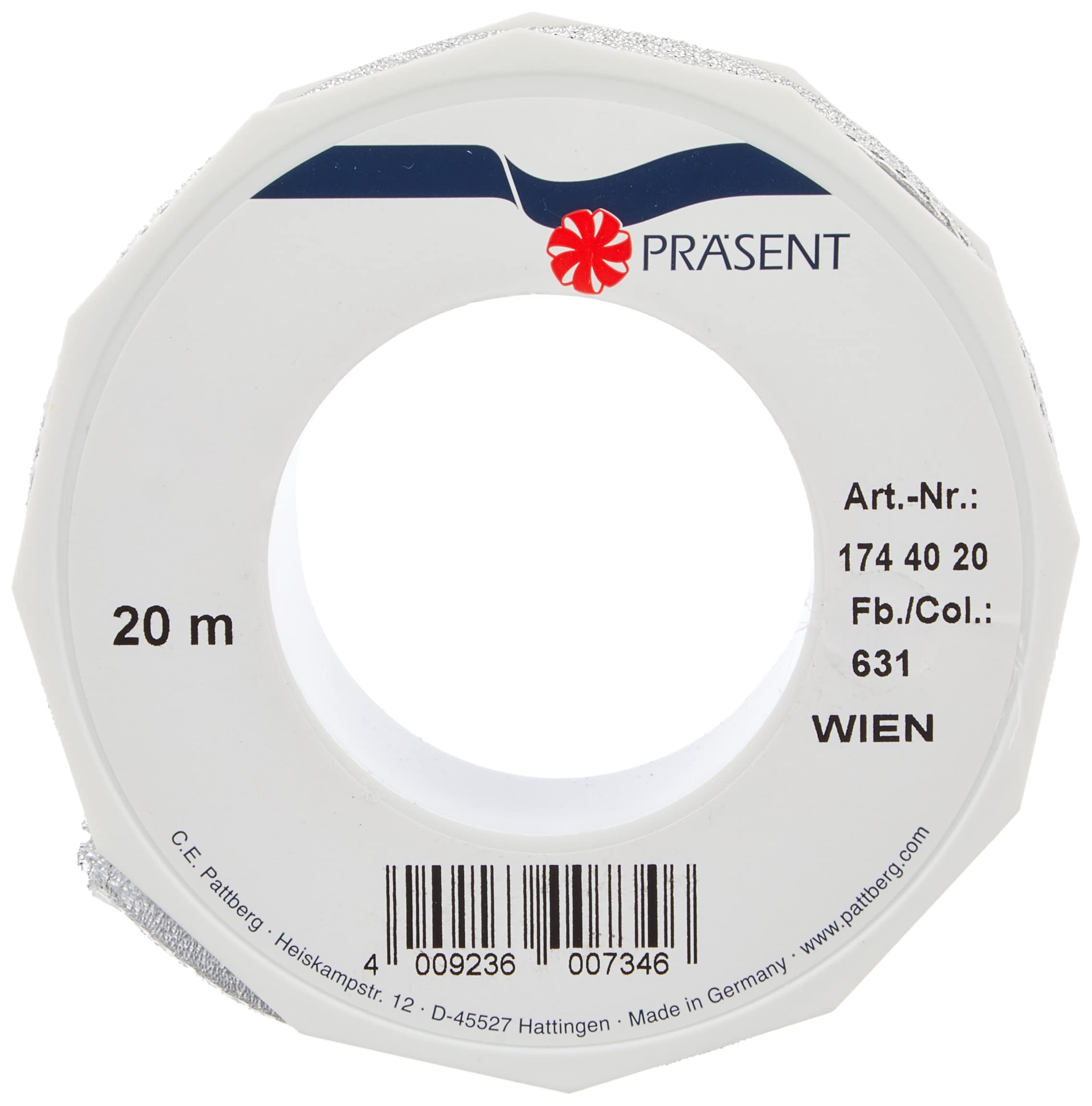 C.E. Pattberg Geschenkband WIEN Silber – 20 Meter, 40 Mm Breite – Glänzendes Dekoband Zum Basteln & Verpacken