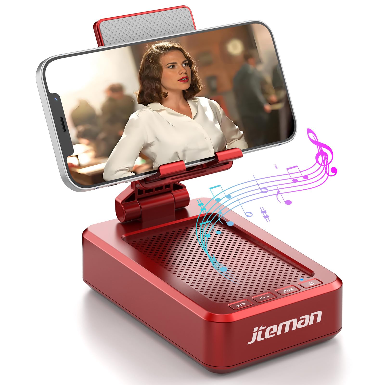 JTEMAN Portable Phone Stand with Speaker Bluetooth Wireless,Gifts for Men Women,Birthday for Women,Kitchen Gadgets for Men,Phone Holder for Desk - Red