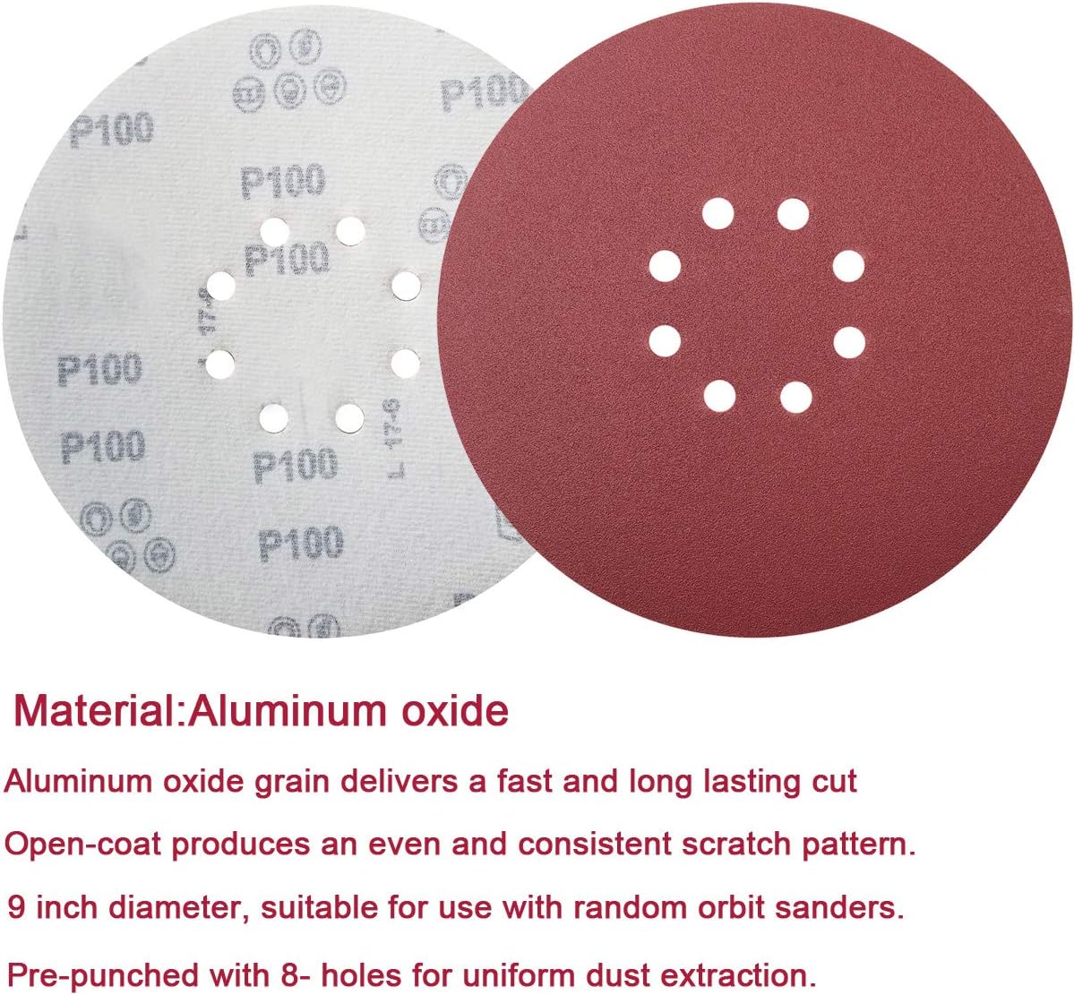 Tonmp 100 PCS 9-Inch 8-Hole Hook-and-Loop Sanding Discs Sander Paper For Drywall Sander (20 pcs Each of 60 80 120 150 240 Grits)