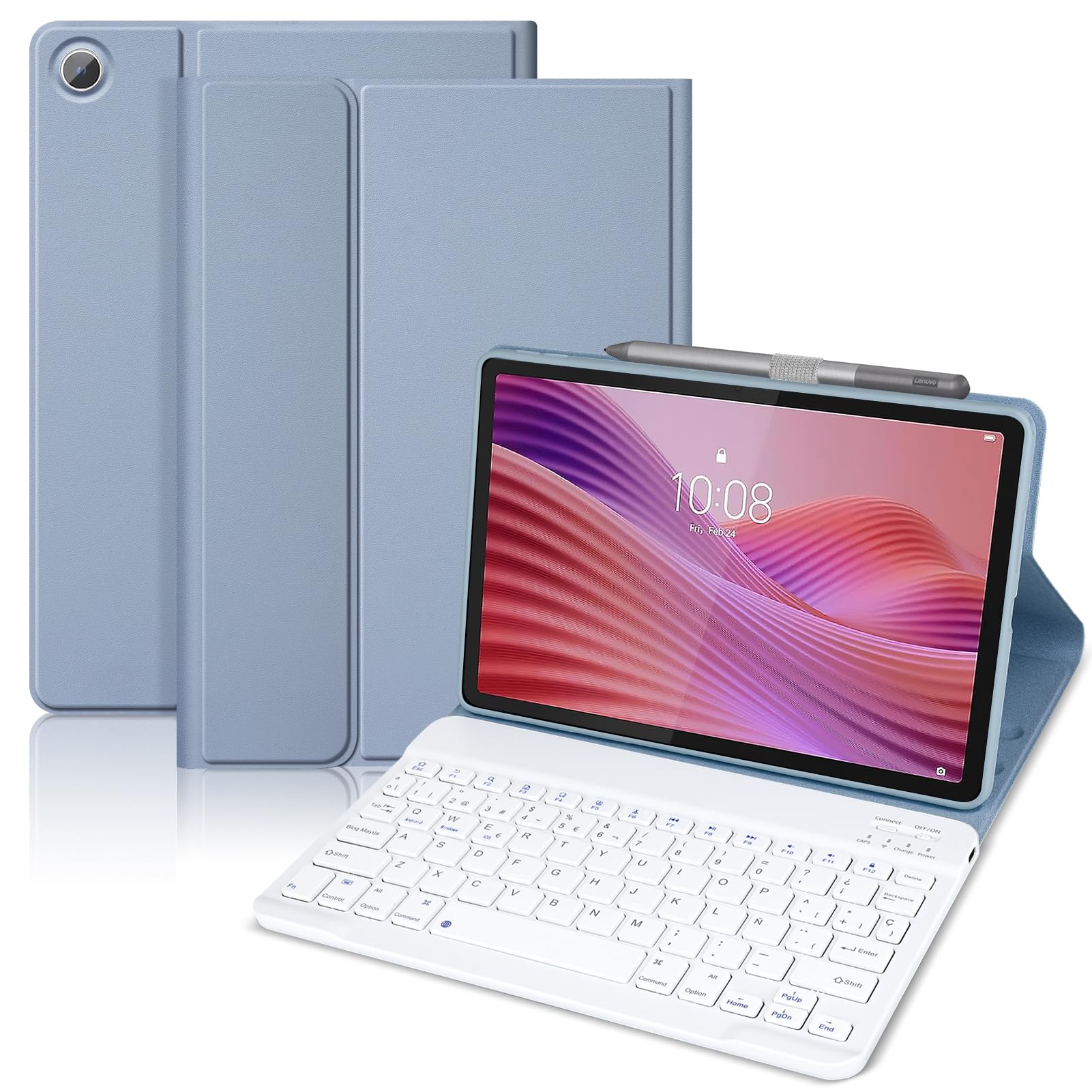 Custodia con tastiera per Lenovo Tab 10.1" 2025, Bluetooth senza fili staccabile custodia protettiva sottile per tablet Lenovo Tab 10.1 pollici 2025 (TB-311FU/TB-311XU), blu e bianco