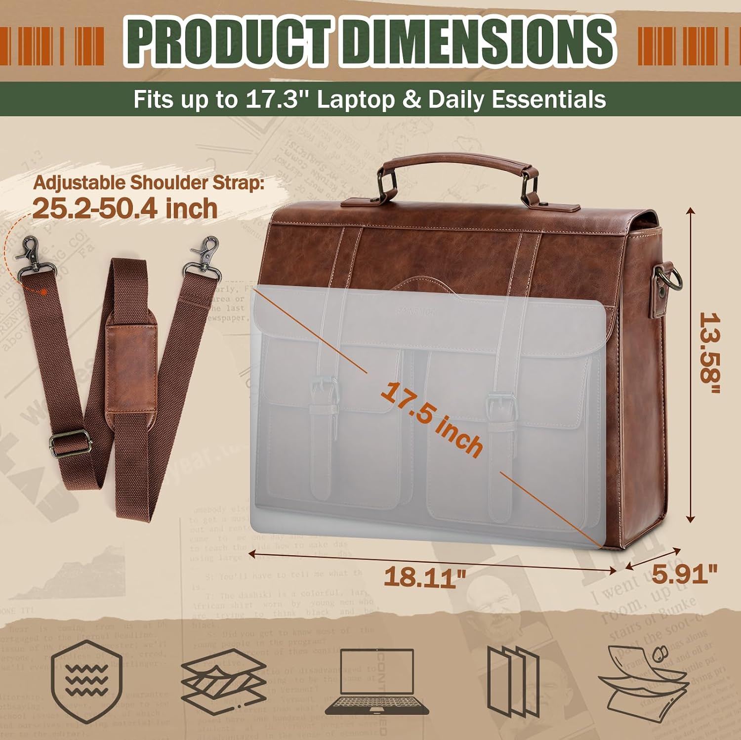 RAINSMORE Mens Messenger Bag 17/18 Inch Vintage Leather Laptop Briefcase image 4