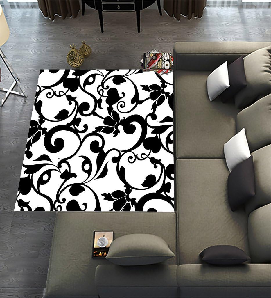 TOMORROWrug Custom Black and White Damask Pattern Classic Vintage French Floral Swirls,Area Rug Dining Room Home Bedroom Carpet Floor Mat 7'x5'