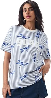 The Souled Store Let's Soar Women and Girls Short Sleeves Round Neck Light Blue Embroidered Typography Printed Cotton Stre... Price In India