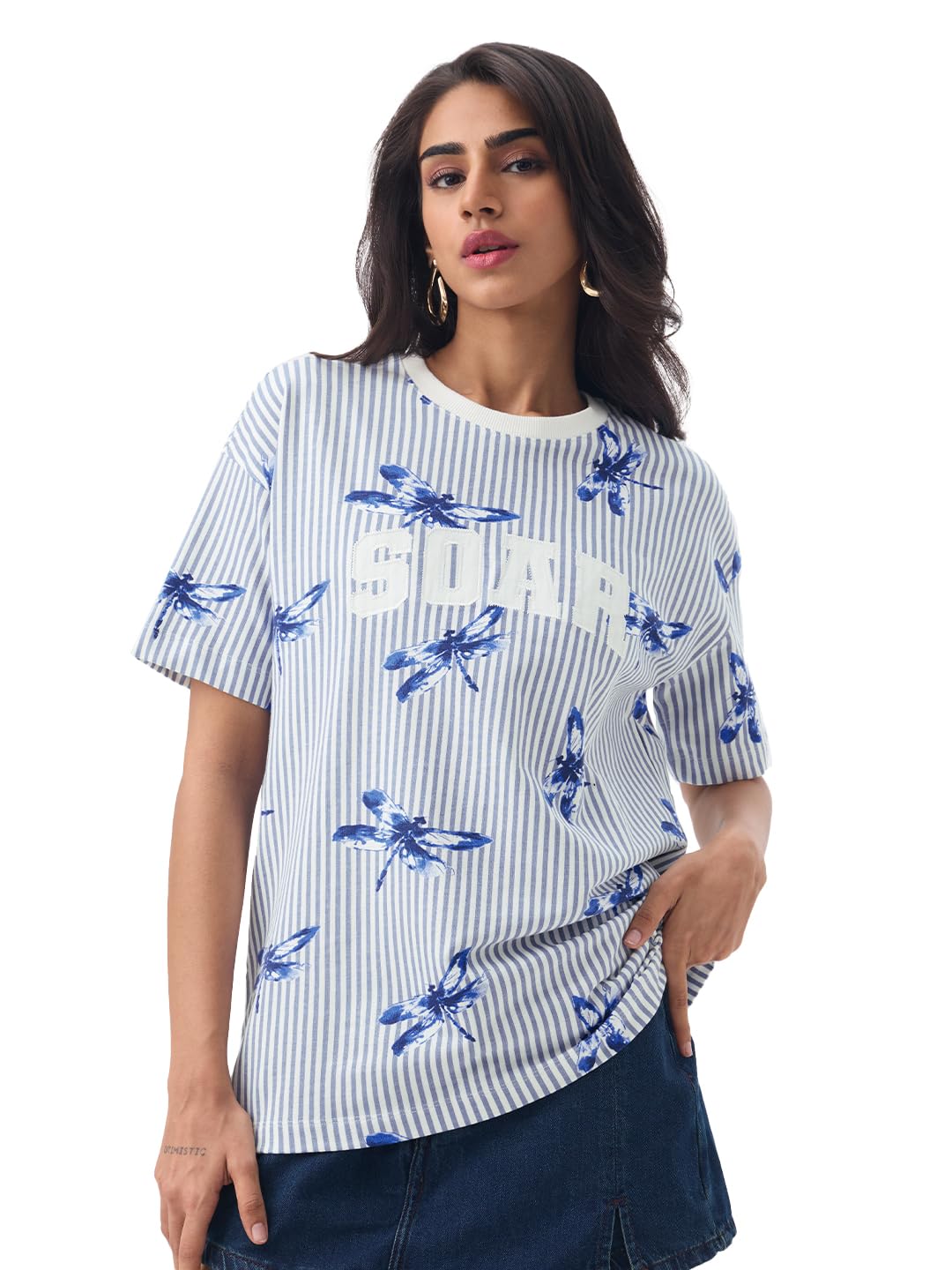 The Souled Store Let's Soar Women and Girls Short Sleeves Round Neck Light Blue Embroidered Typography Printed Cotton Stre... - Review, Price and Buying Guide