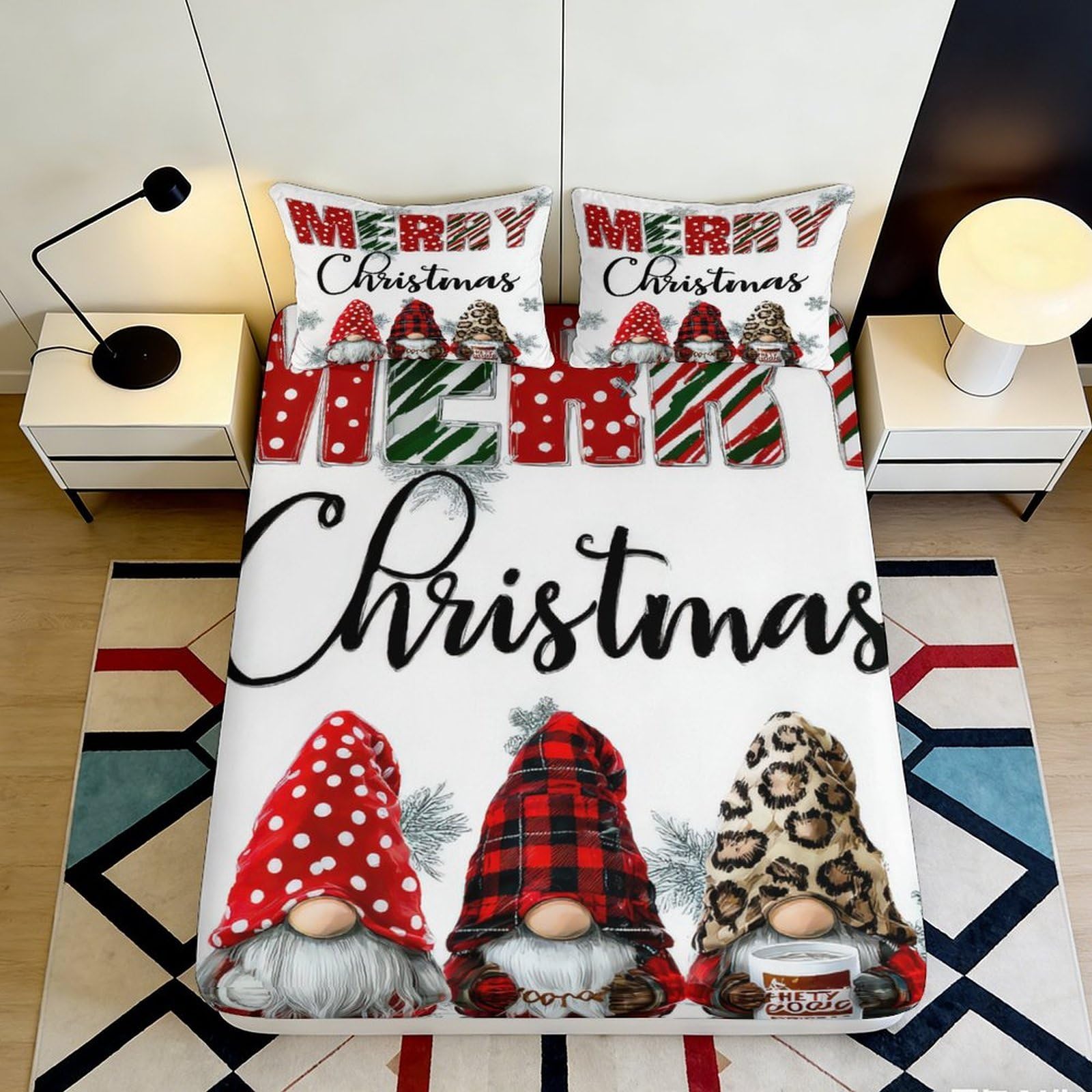 3D Printed Christmas Gnome Fitted Sheet Microfiber Soft Anti-Slip Festive Holiday Bed Cover for Bedroom Guestroom 90x200x25cm