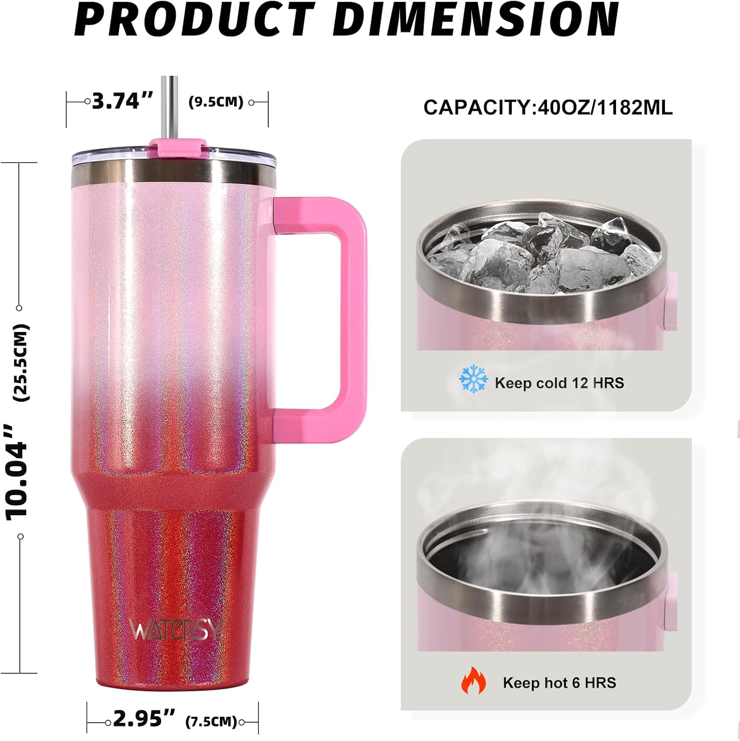 WATERSY Travel Mug Coffee Cup 40oz Tumbler Straw Lid and Handle, Stainless Steel Double Wall Vacuum Insulated Coffee Water Bottle Thermal for Cold Hot Coffee 1182ml Shiny Red image 2