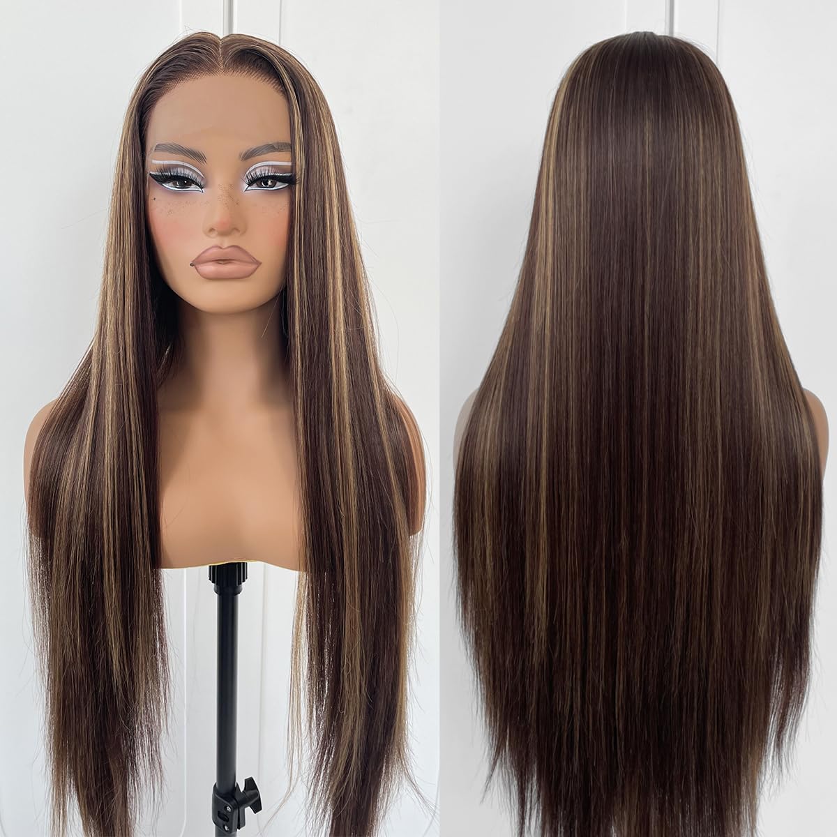 4/27 Highlight Ombre Lace Front Wig Pre Plucked 180 Density Honey Blonde Long Straight Lace Front Wigs Synthetic Glueless Straight Highlight Lace Front Wig 32inch