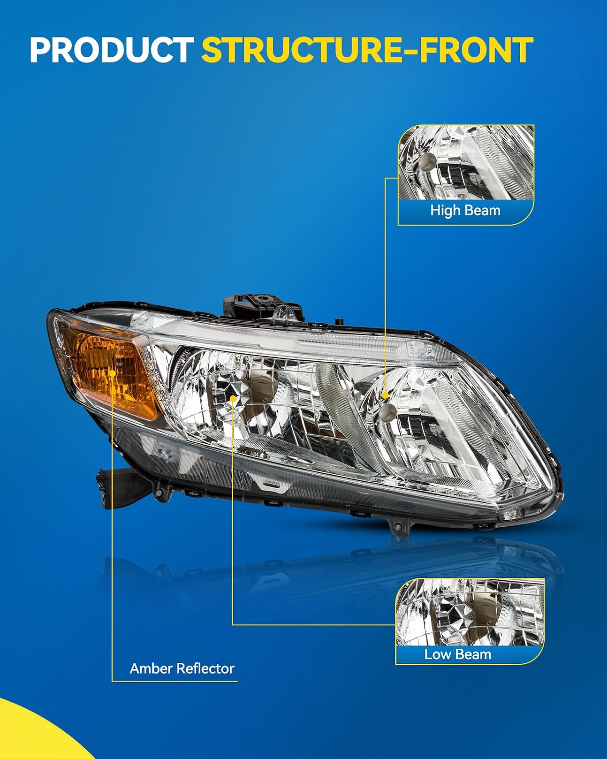 PHILTOP Headlights Assembly Compatible with Honda Civic 2012 2013 2014 2015,Honda Civic Sedan 2014 2015,Clear Lens Chrome Housing Amber Reflector,Left+Right Pair