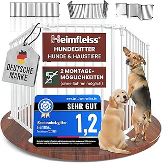 Heimfleiss® Hundegitter Wohnung Weiß | Absperrgitter Hund & Welpengitter Stahl | 308cm Hundeschutzgitter & Tierschutzgitter | Faltbare Hunde Gitter Absperrung inkl. Saugnäpfen & Wandhalterung