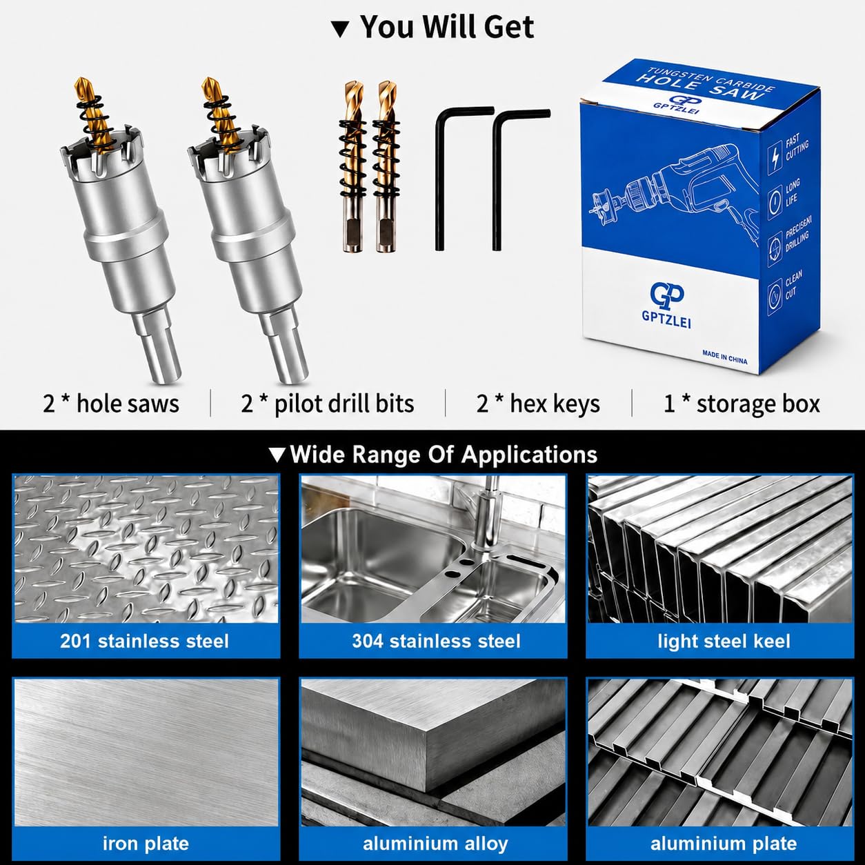 2-Pack 1-3/8" (35mm) TCT Hole Saw for Stainless Steel, Iron & Metal | tungsten carbide teeth, 3-cutter design, pilot drills included, storage case, for sheet plate pipe work