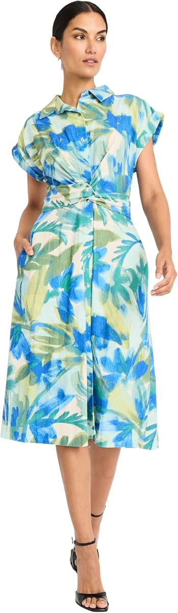 Women's Women's Button Down Short Sleeve Midi Dress with Pockets - Self Tie Belt - Wedding Guest Summer Dress