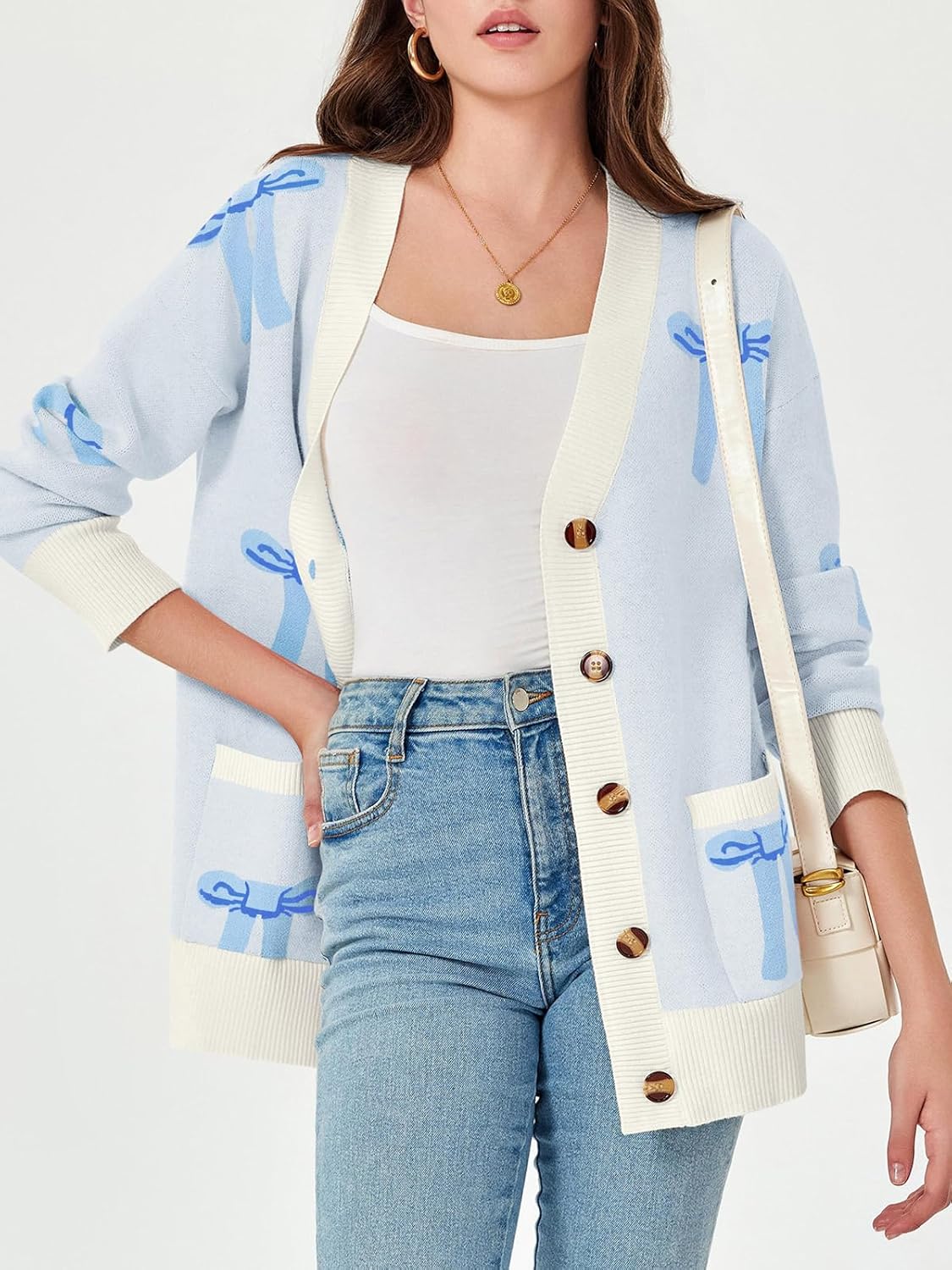 Saodimallsu Womens Oversized Cardigan Sweaters Bow Printed Button V Neck Long Sleeve Loose Knit Fall Trendy Coats - Image 2