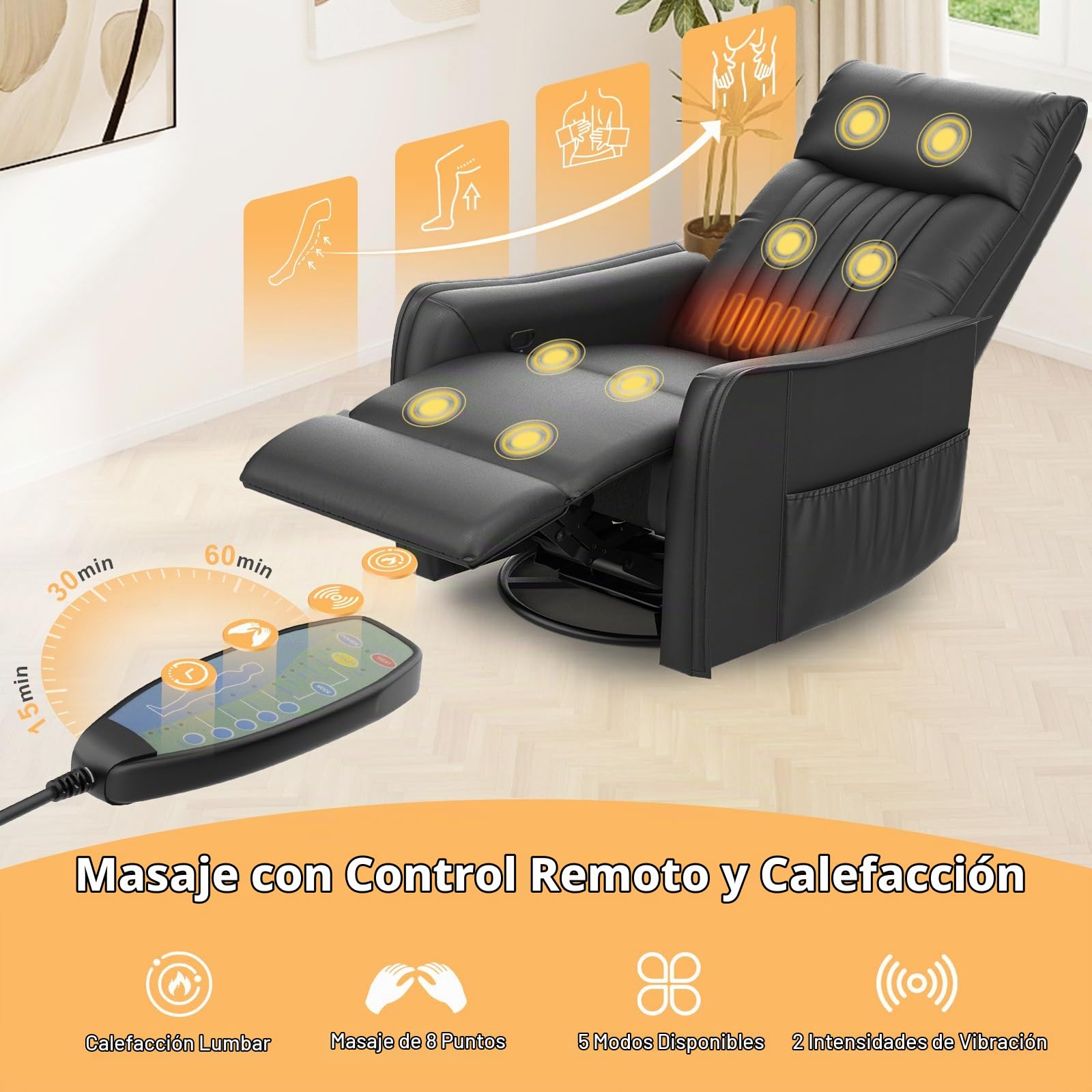 Sillón reclinable Mecedora giratoria con Masaje y Calor, reposapiés extendido,Sillón reclinable 3 en 1 para Sala de Estar, sofá Individual Ajustable con Bolsillos Laterales Doble
