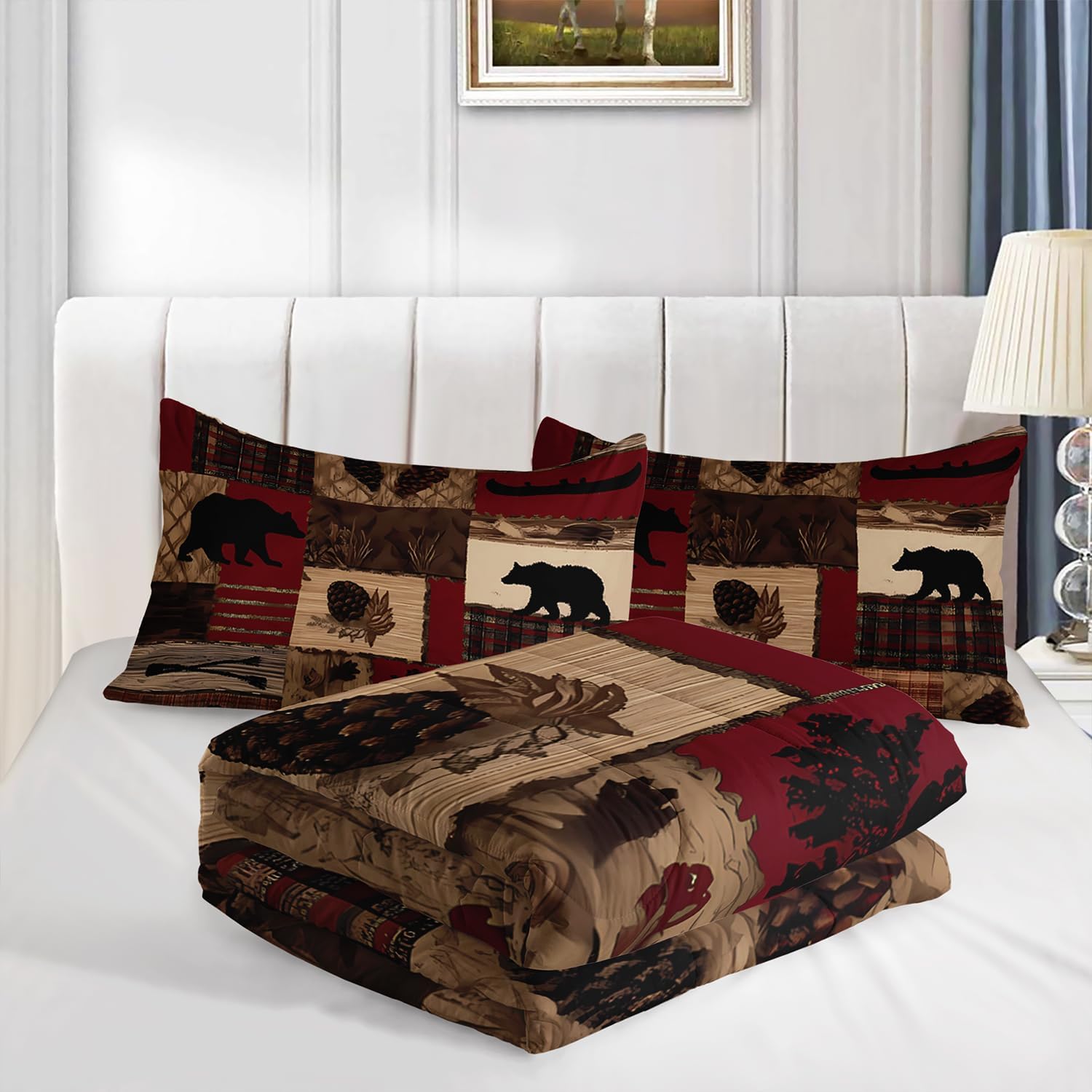 Western Rustic Bears Wild Hunt Animal Comforter 3Pcs Queen Natural Forest Black Bear Nut Bedding Set for Kid Teen Boy Girl Adult Retro Flower Grid Quilt Bed Decor with 1 Comforter+2 Pillowcases