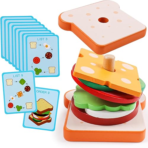 Miniatura 7 de Kizh Juguete apilable de madera para clasificar hamburguesas para niños pequeños, juguetes educativos Montessori de motricidad fina para niños y