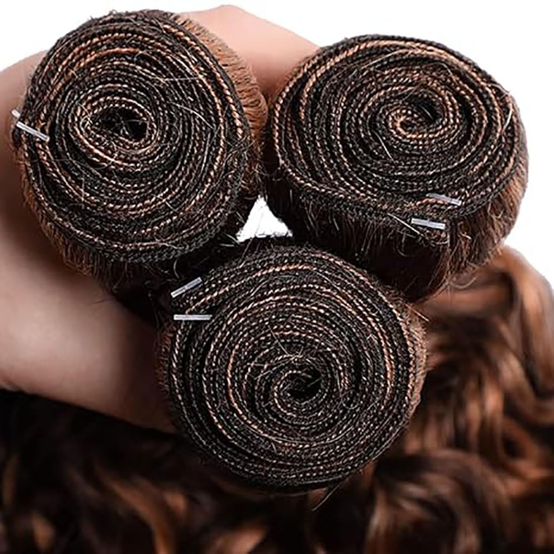 Curly Wave Human Hair Bundles Echthaar Tressen Bündel Menschliches Haar Human Hair Extensions Double Weft Weave 50g/Piece Highlight Brown Color 26 28 30 Zoll