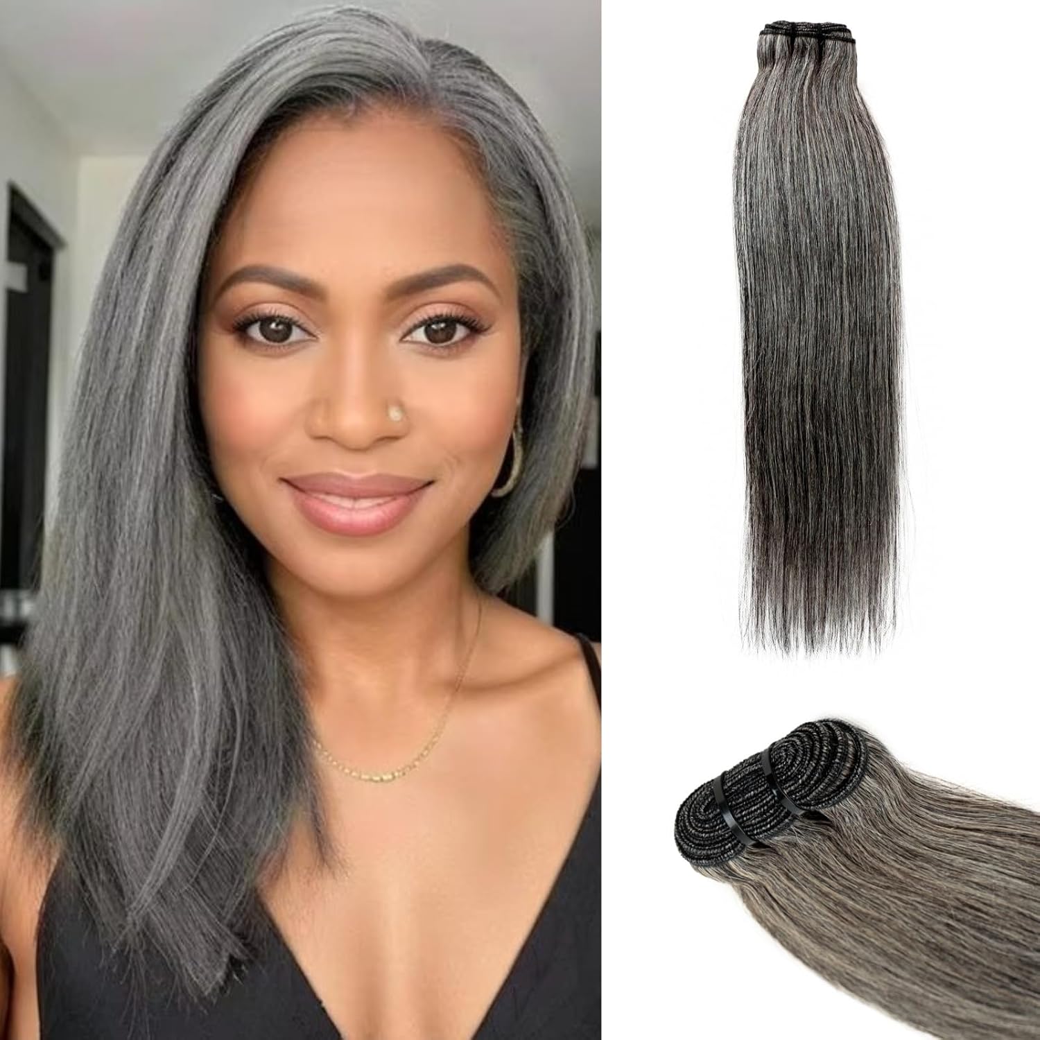 SIYUSI Salt and Pepper Human Hair Bundles 10 Inch Straight Human Hair 1 Bundles 100% Unprocessed 12A Brazilian Hair Weave Extensions Natural Gray-White Color