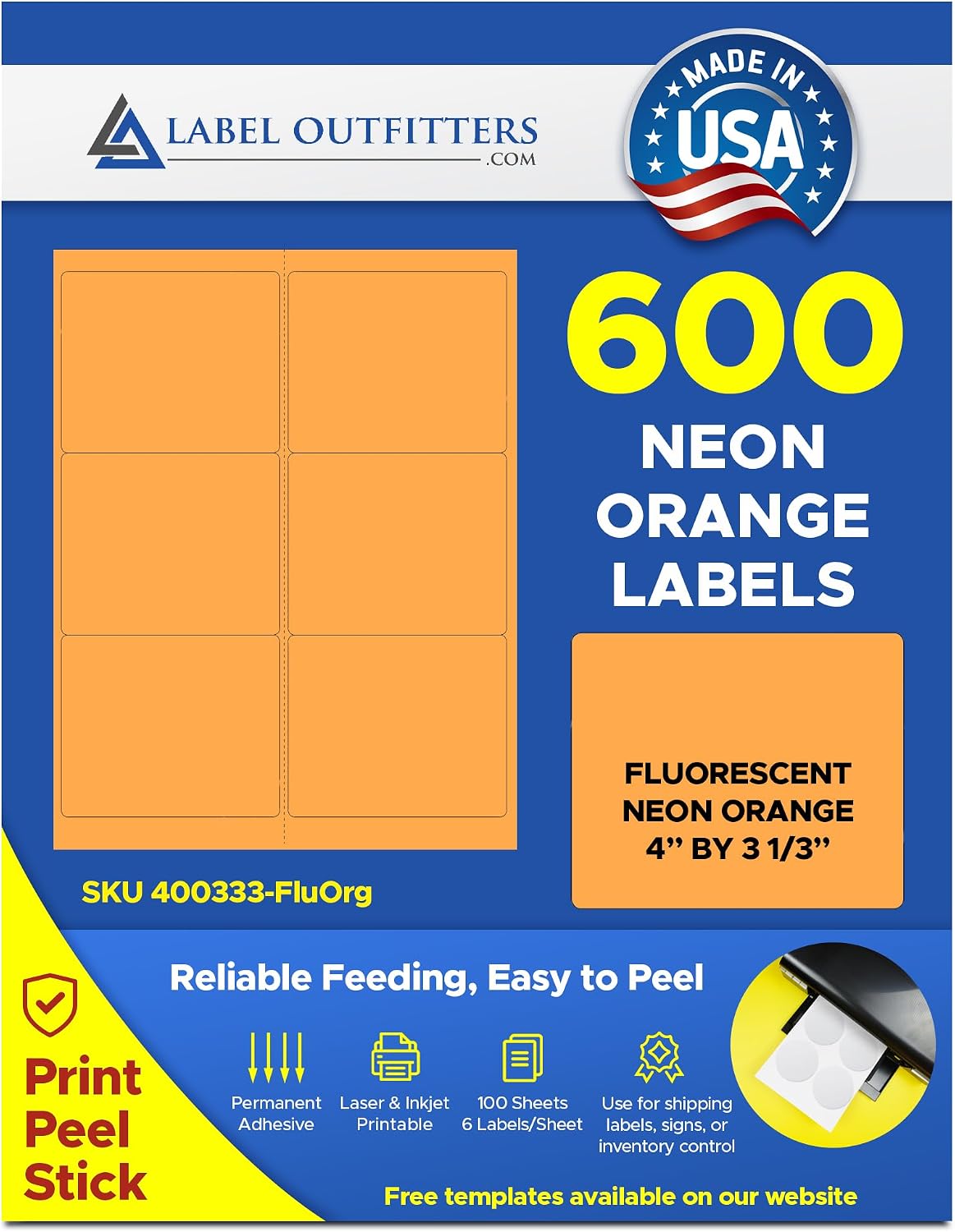 600 Label Outfitters® 4 x 3-1/3 inches Bright Fluorescent Orange Printable Laser or Inkjet Labels, 100 Sheets