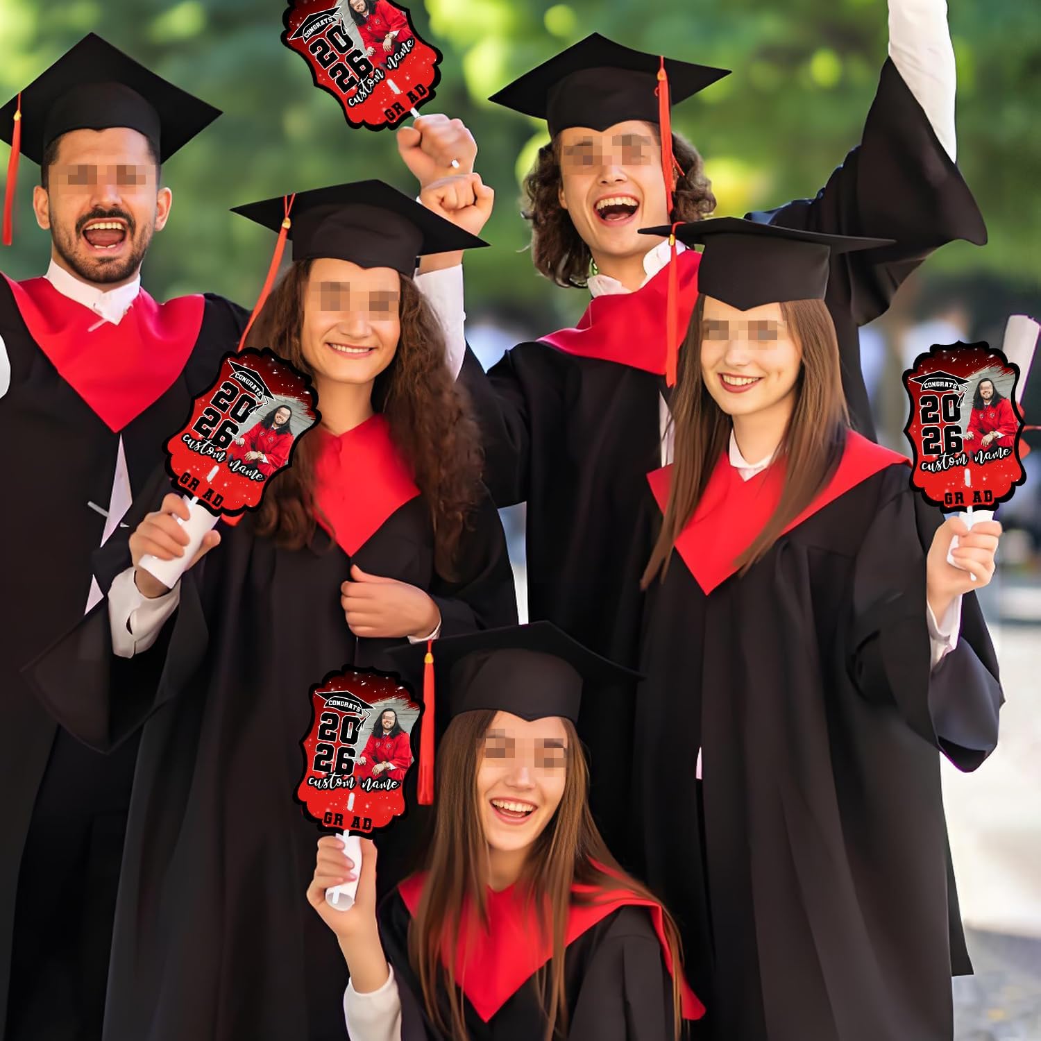 Personalized Graduation Double Sided Face Fan Class of 2026 Customized Graduation Head Face Cutout Party Supplies(Red,12pcs)