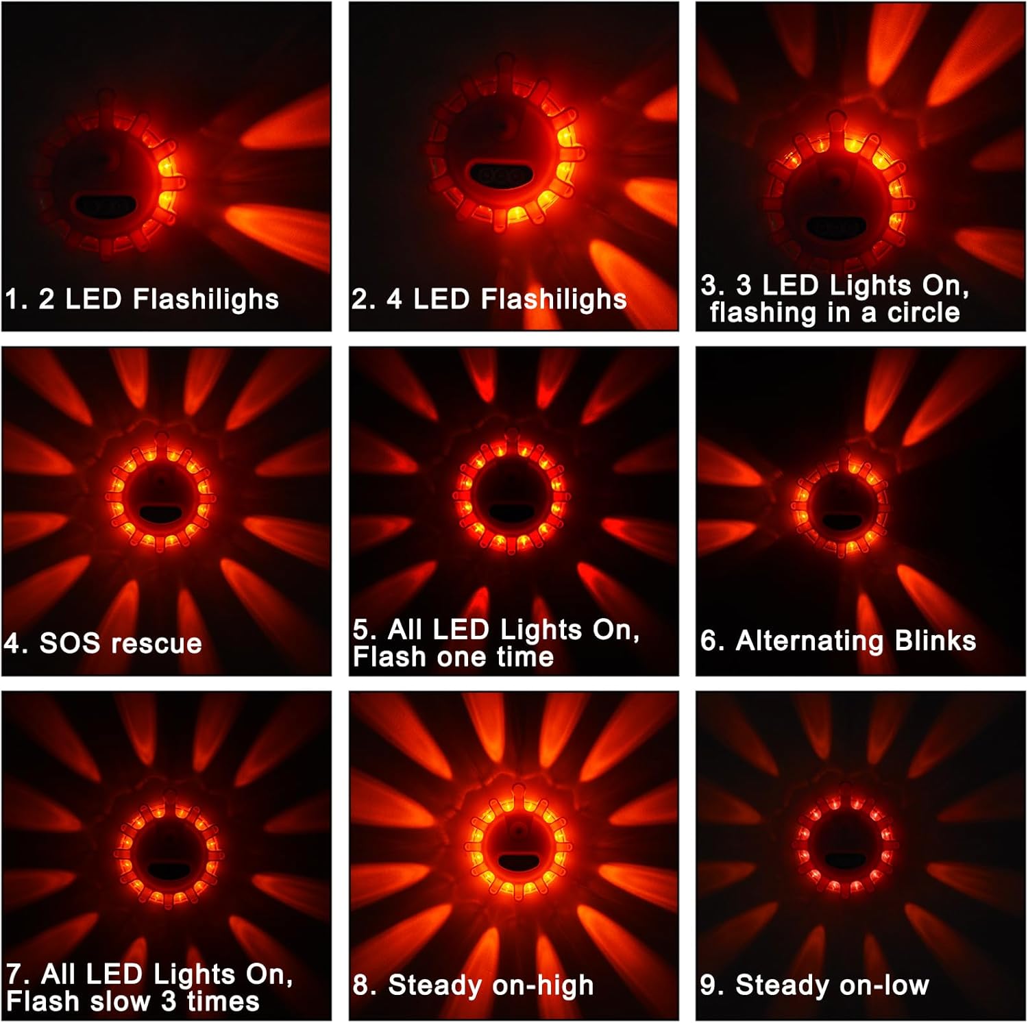 AK LED Road Flares Rechargeable Safety Flashing Warning Light Roadside Emergency Disc Beacon Kit for Vehicles Boats with Magnetic Base & Hook & USB Charging Cables (4 Pack)