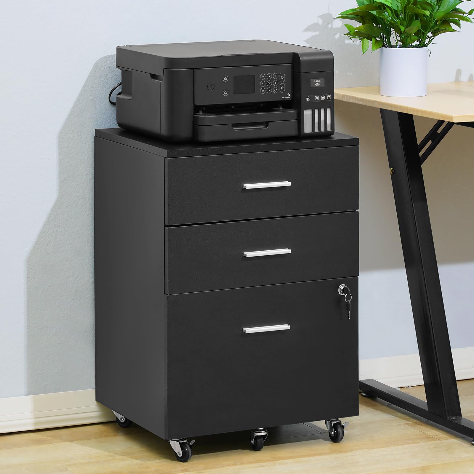 VEVOR Aktenschrank aus Holz mit 3 Schubladen, Aktenschrank mit Verschluss für Brief/A4-Format, 5 Rollen, Schwarz