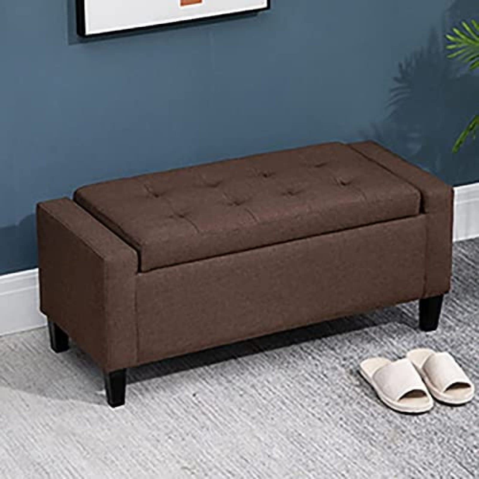 Coffre de rangement rectangulaire marron, assise pouf bois massif 60cm