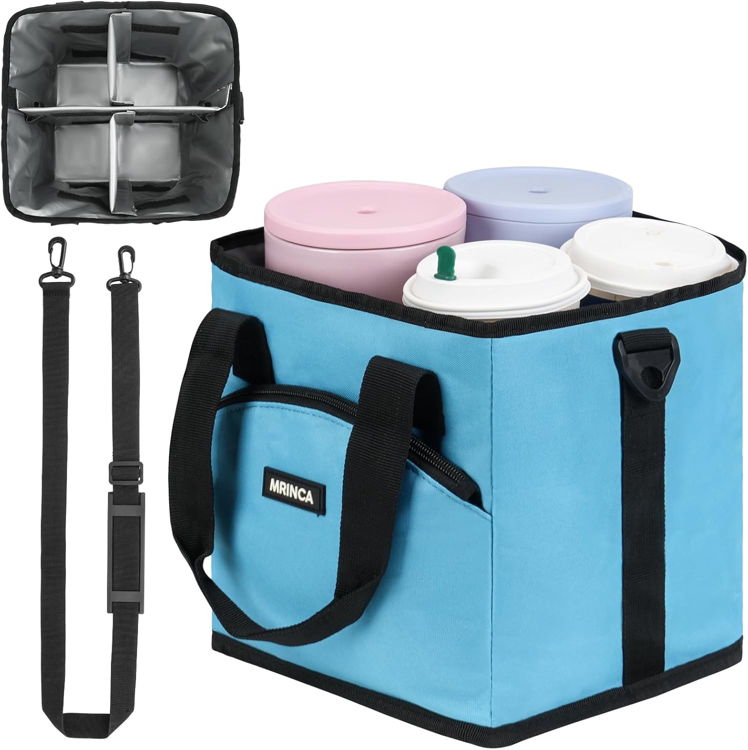 Drink Carriers 4 Cup with Handle​​ – Insulated Reusable Leakproof Tumbler Bag for Delivery & Car, Portable Folding Caddy with Adjustable Dividers & Straw/Lid Organizer, Blue