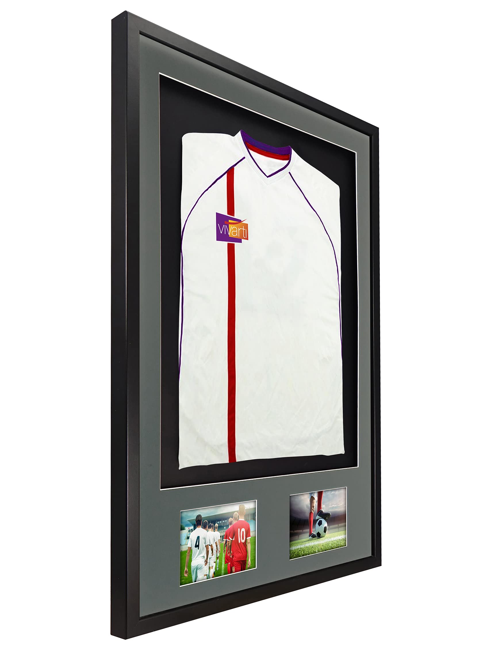 Vivarti DIY Junior 3D Montado + Marco de exhibición de camisa deportiva de doble apertura para camisa de fútbol, tamaño, 59,4 x 84 cm, marco negro, soporte plateado, tarjeta trasera negra