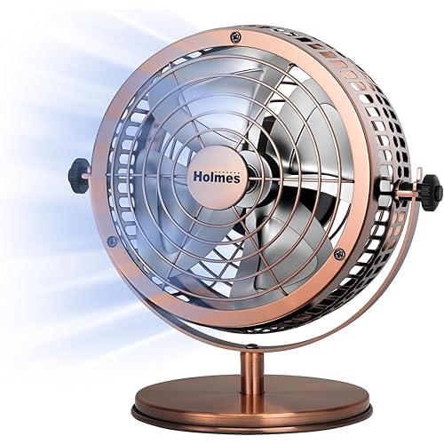 HOLMES 6" Heritage Table Fan, 2 Speeds, 4 Blades, Adjustable 145° Head Tilt, Metal Construction, Ideal for Home, Bedrooms, Dorm Rooms or Office, Brushed Copper