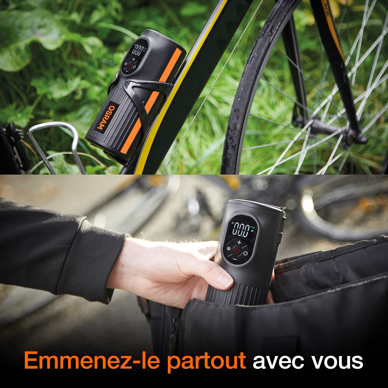 OSRAM TYREinflate 2000, gonfleur de pneus compacte et Rechargeable avec éclairage LED, compresseur Portable, Connexion électrique Via USB, gonflage des pneus en 2 Minutes