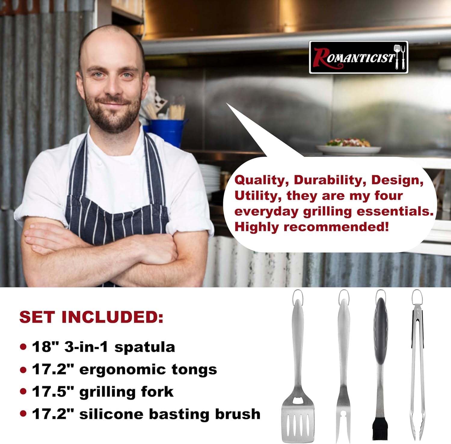 ROMANTICIST Set di 4 accessori per barbecue resistenti per top chef, set di strumenti professionali per barbecue e barbecue di base per cortile, ristorante, cucina all'aperto, regalo deluxe per la