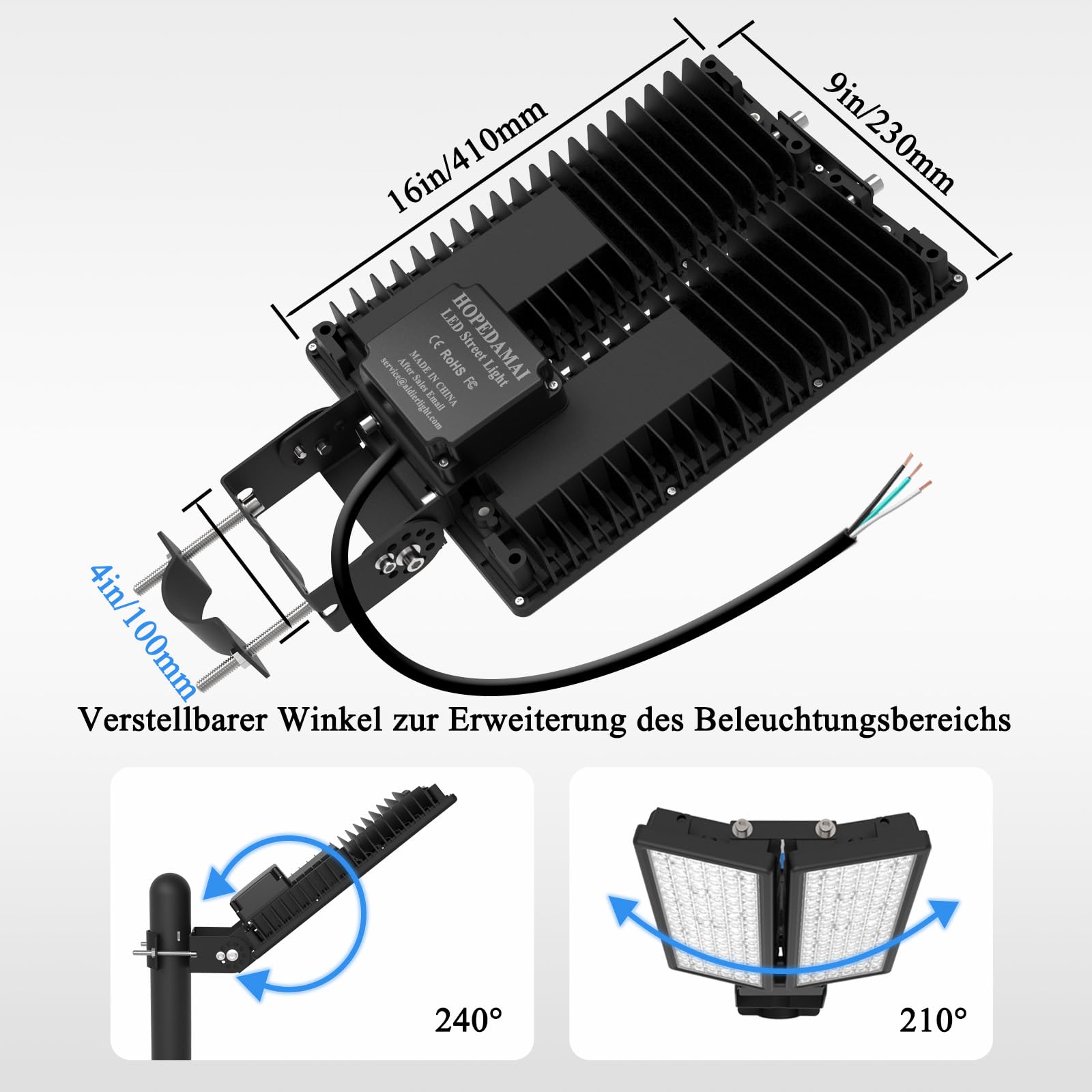 28000LM Faretto LED per Esterni 200W, Lampione Stradale Lampada a Palo 6500K Proiettore Angolo Regolabile IP67 Impermeabile 230V Lampione LED per Giardino, Illuminazione Parcheggio Φ45-65mm