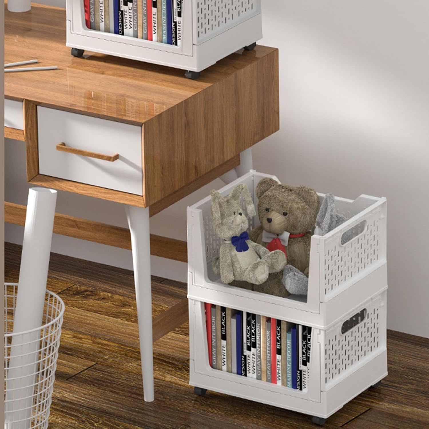 Rolling Storage Cart - 38.5x29x23cm Wheeled Book Basket, Foldable Storrage Organizer, Mobile Storages Bin On Wheels, Heavy Duty Storage Solution for Dorm Home Office Classroom and Library Book