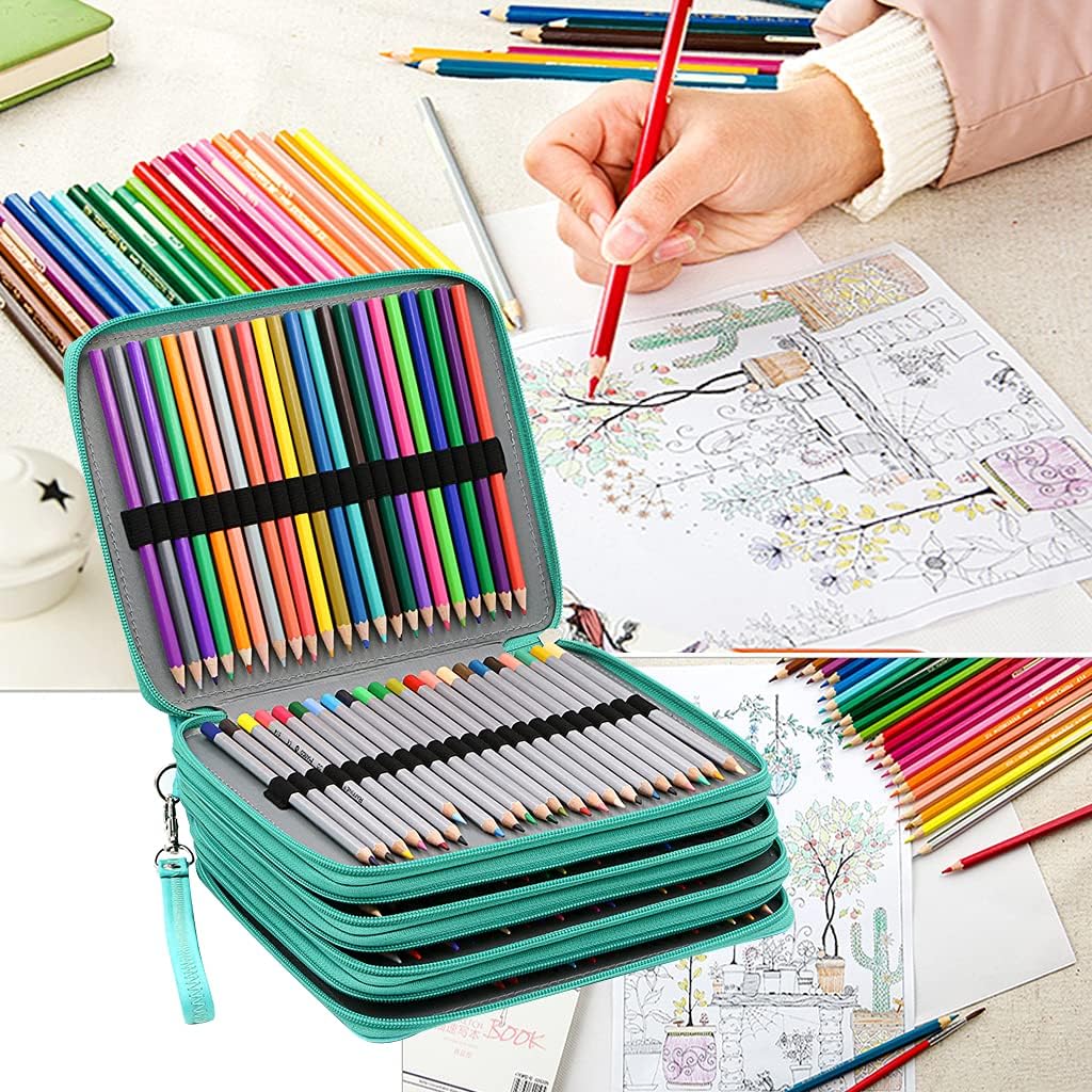 BTSKY Colored Pencil Case Holder- Big Capacity Deluxe PU Leather Storage Pencil Organizer Holds 160 Pencils with Handle Strap for School College Office Watercolor Pencils Organization(Green)