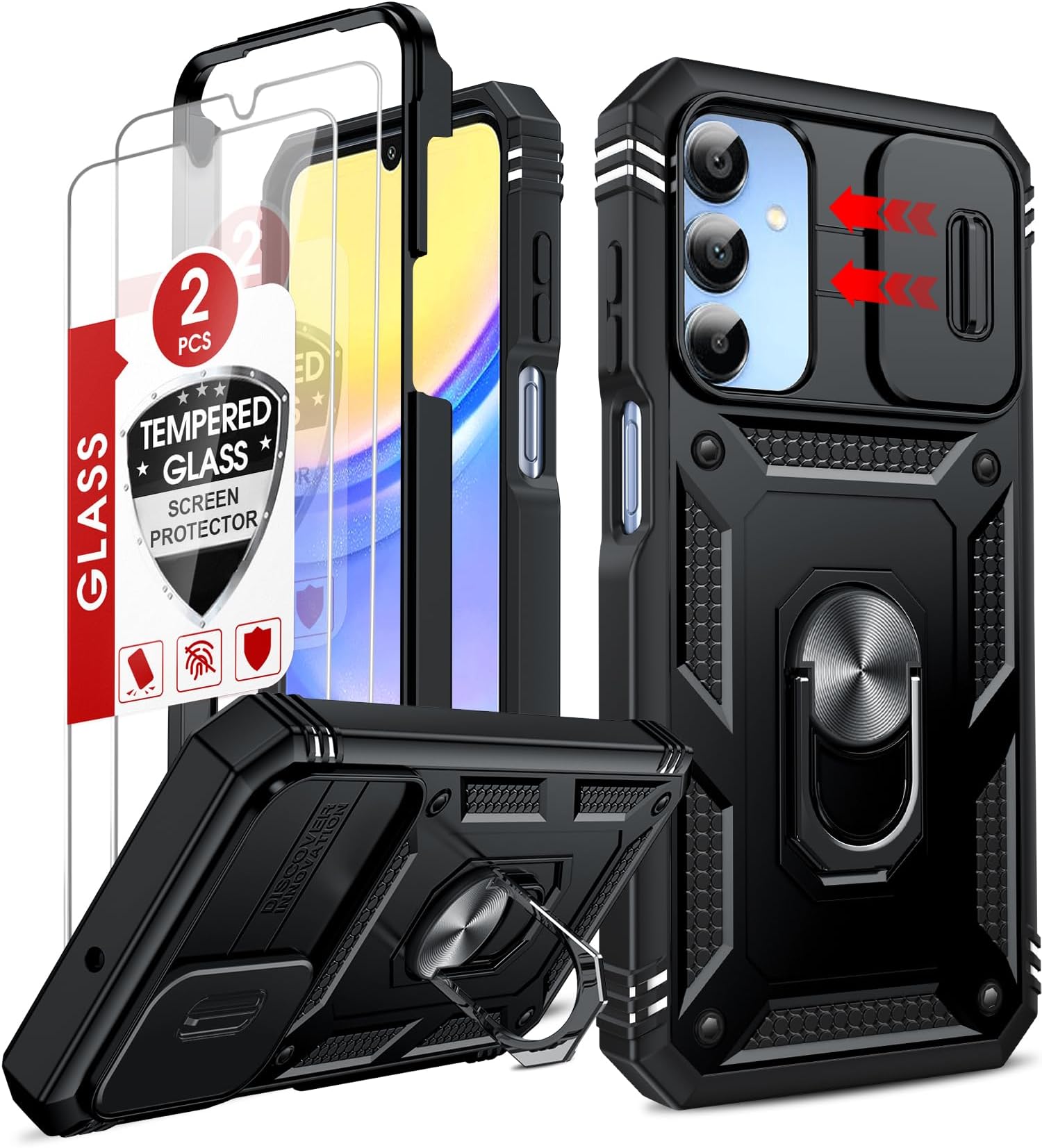 LeYi Compatible for Samsung Galaxy A15-5G Phone Case: Galaxy A15 5G Screen Protector Scratch Resistant [2 Packs] with A15 Case, Heavy Duty Active Outdoor Shockproof para Galaxy Case A 155G, Black