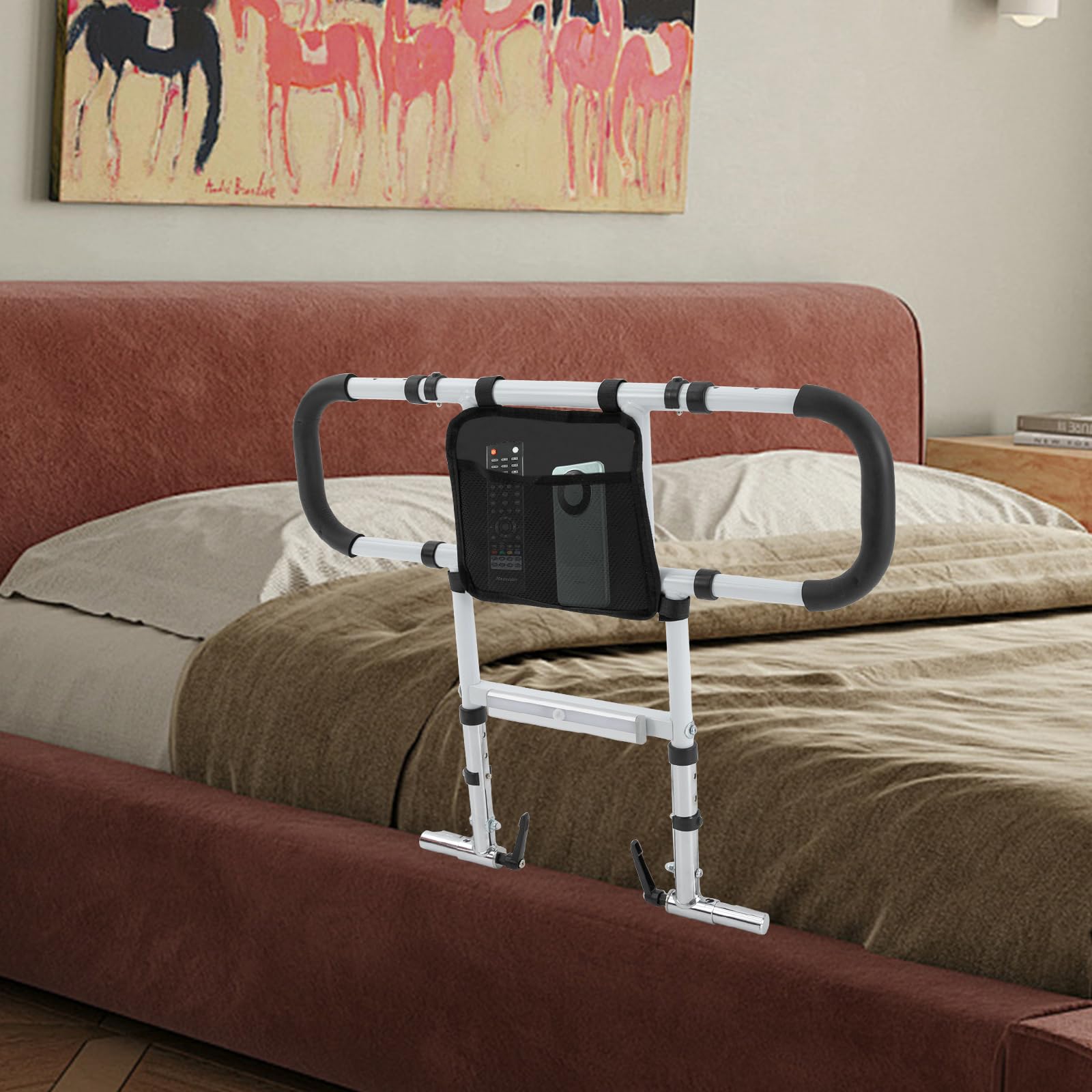 HANGKAI Barandilla de cama anticaída ajustable en altura y longitud, Asidero para Cama, Riel auxiliar plegable con luz de sensor, Barandilla de seguridad para personas mayores, discapacitados