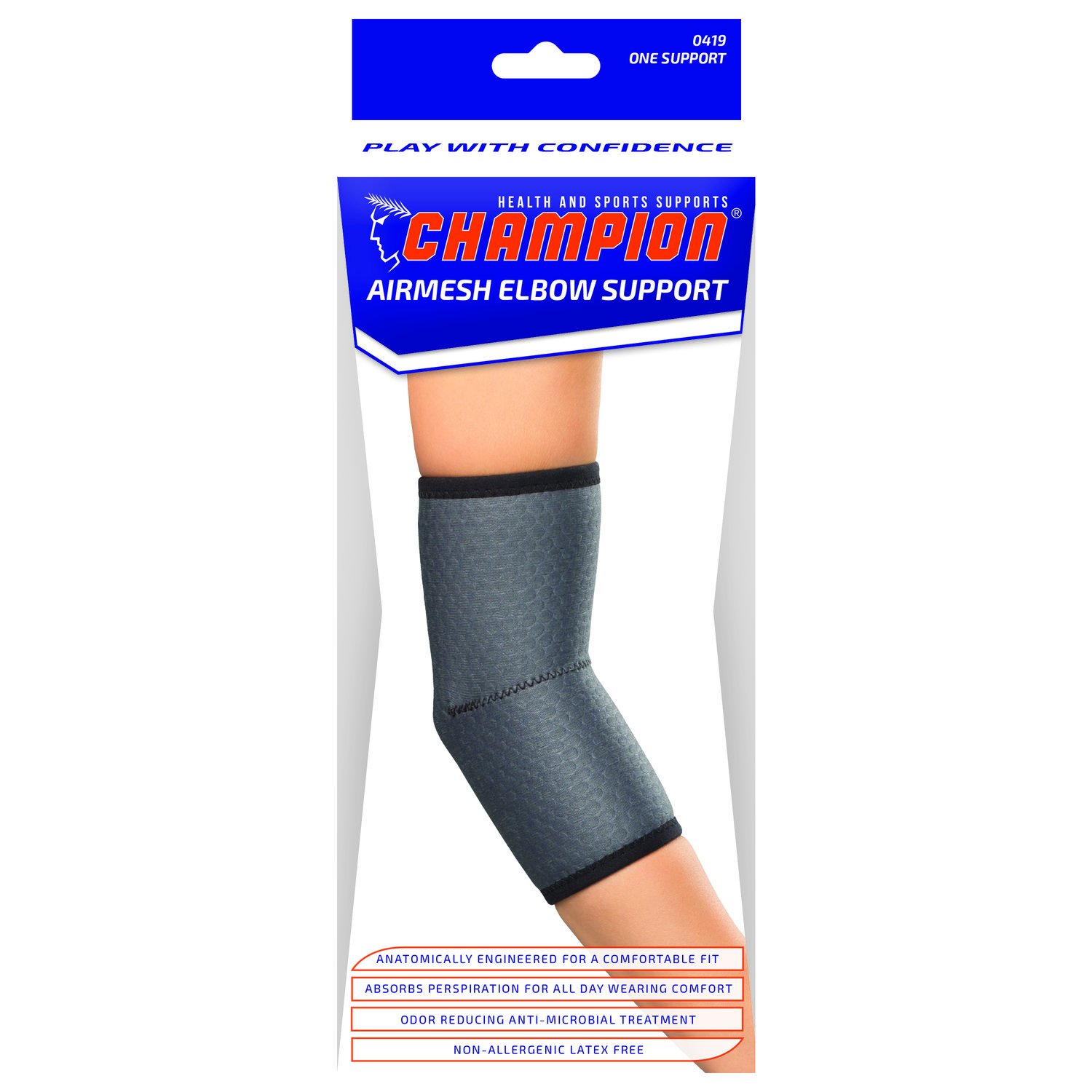 Champion Elbow Brace, Lightweight Support, Airmesh Fabric, Grey, Small