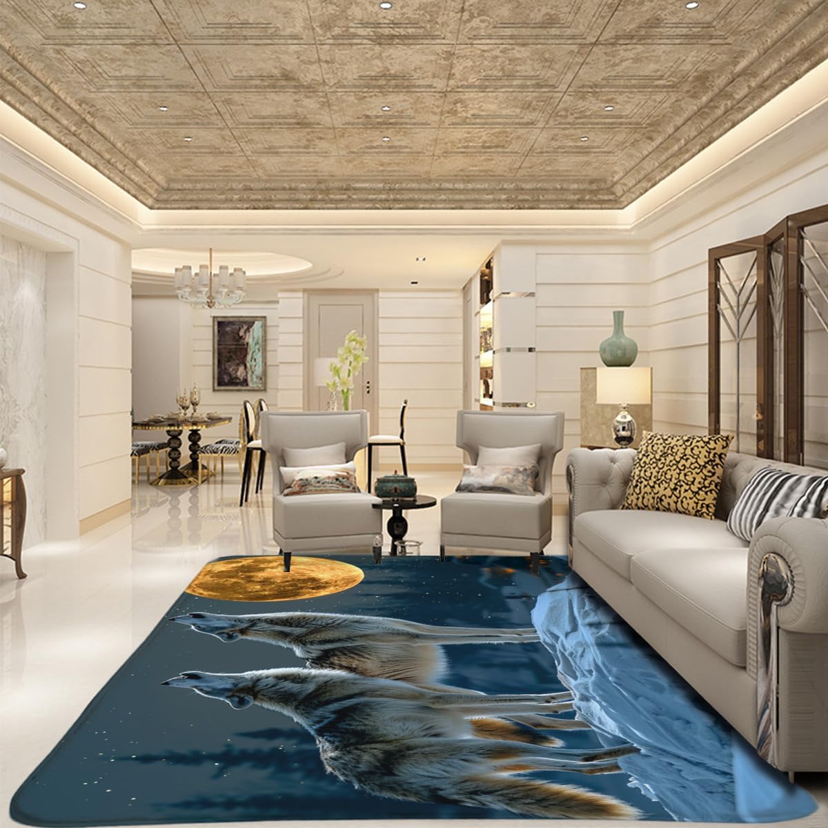 Wolf print pattern area rug, howling wolf under the moon plush area rug, suitable for living room bedroom dining room entrance door electric, suitable for home decoration floor rug 24*36 Inches