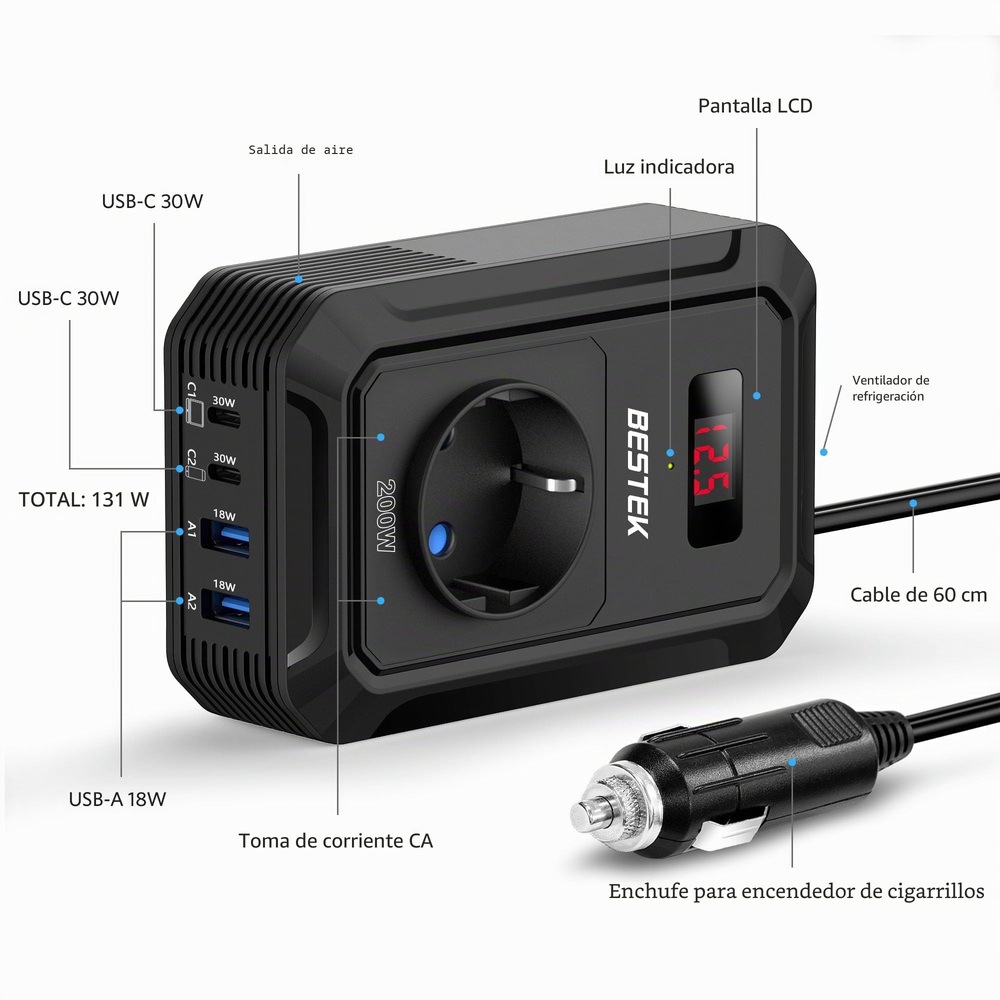 BESTEK Inversor 12v 220v Onda Pura 200W,Transformador 12V a 220V Convertidor Onda con 2 AC Tomas Y 2 USB-C (2 PD30 W) 2 USB-QC (18 W) sinusoidal con Protección para Barco,Caravana,Coche（Negro）