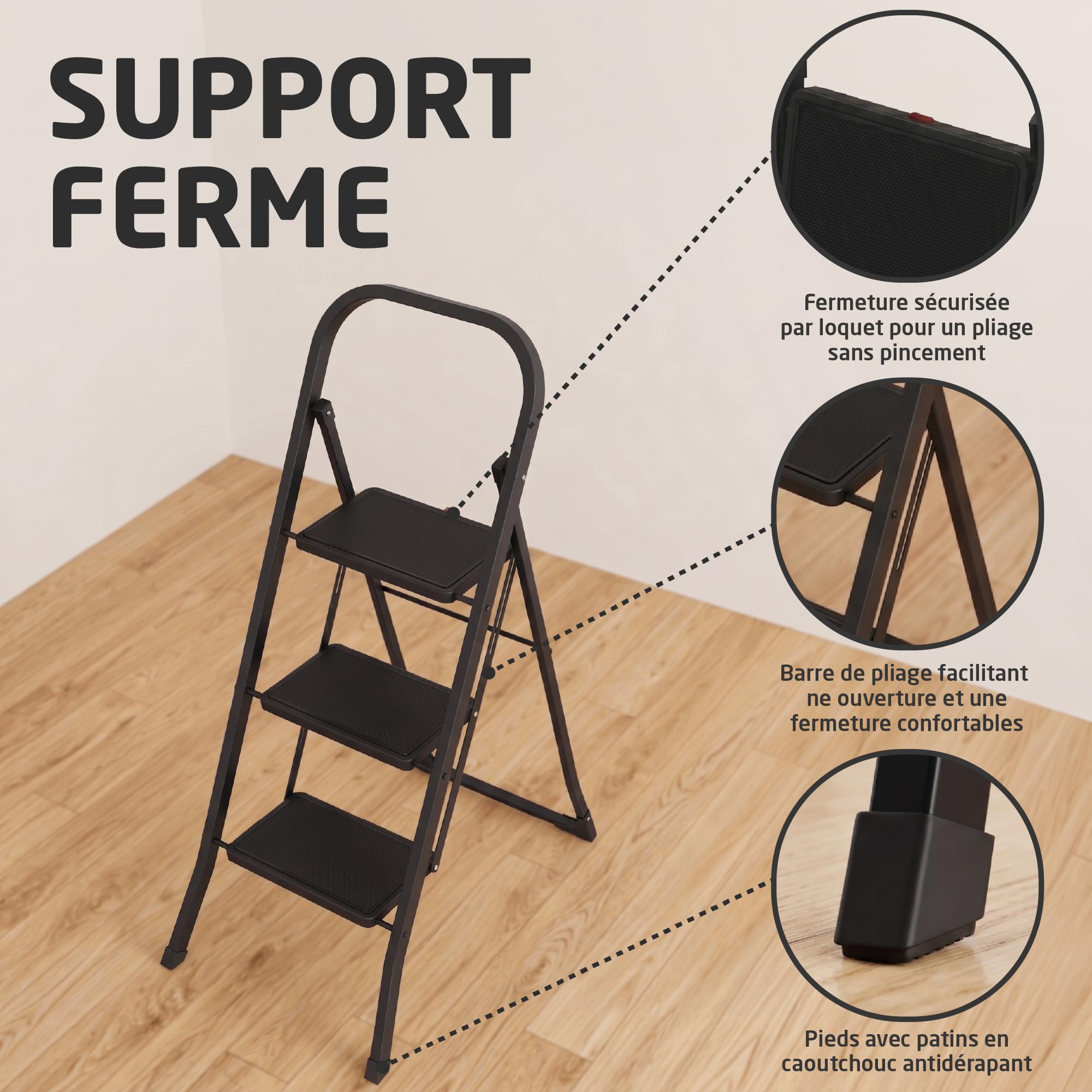 Amig Échelle Pliable 3 Marches Acier Noir 106x72x46 cm